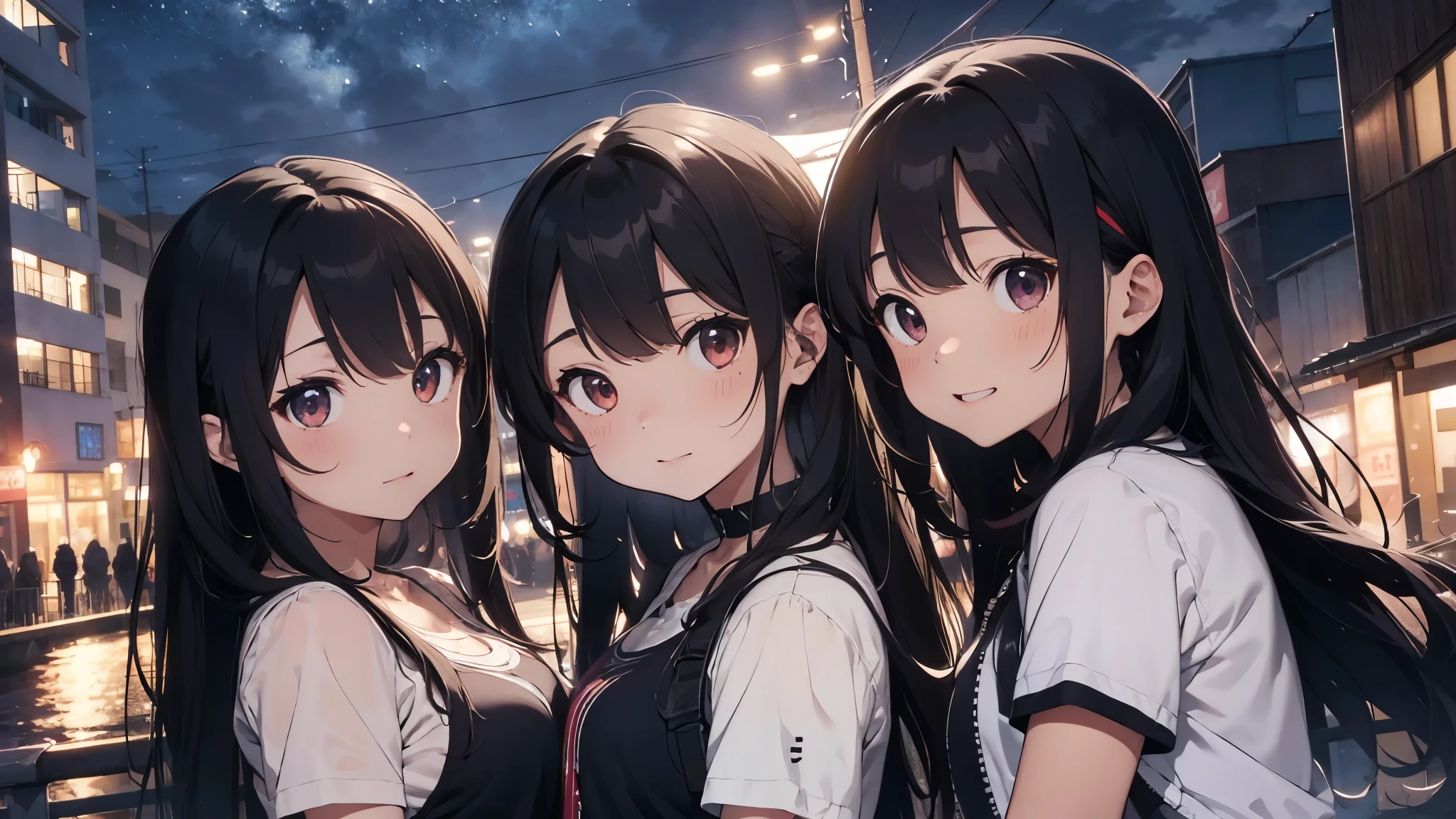 （mideum breasts、tomgirl、）、（the perfect body：1.1）、（hair wavy：1.2）、(Very long hair)、(Twin-tailed)、（(confident facial expression)）、（a smile）、reddish brown、collars、chain、FULL BODYSHOT、natta、Above a high-rise building、neons、Night view below、White tank top、Underwear is sheer、jean jacket、（Shorts）、（Very elaborate CG 8K wallpapers）、（extremely delicate and beautiful）、（​masterpiece）、（top-quality）:1.0)、(超A high resolution:1.0)、beautiful  lighting、perfect lightning bolt、realistic shadow、[hight resolution]、detailed skins、ultra-detailliert ((colourfull))、Dynamic Actions