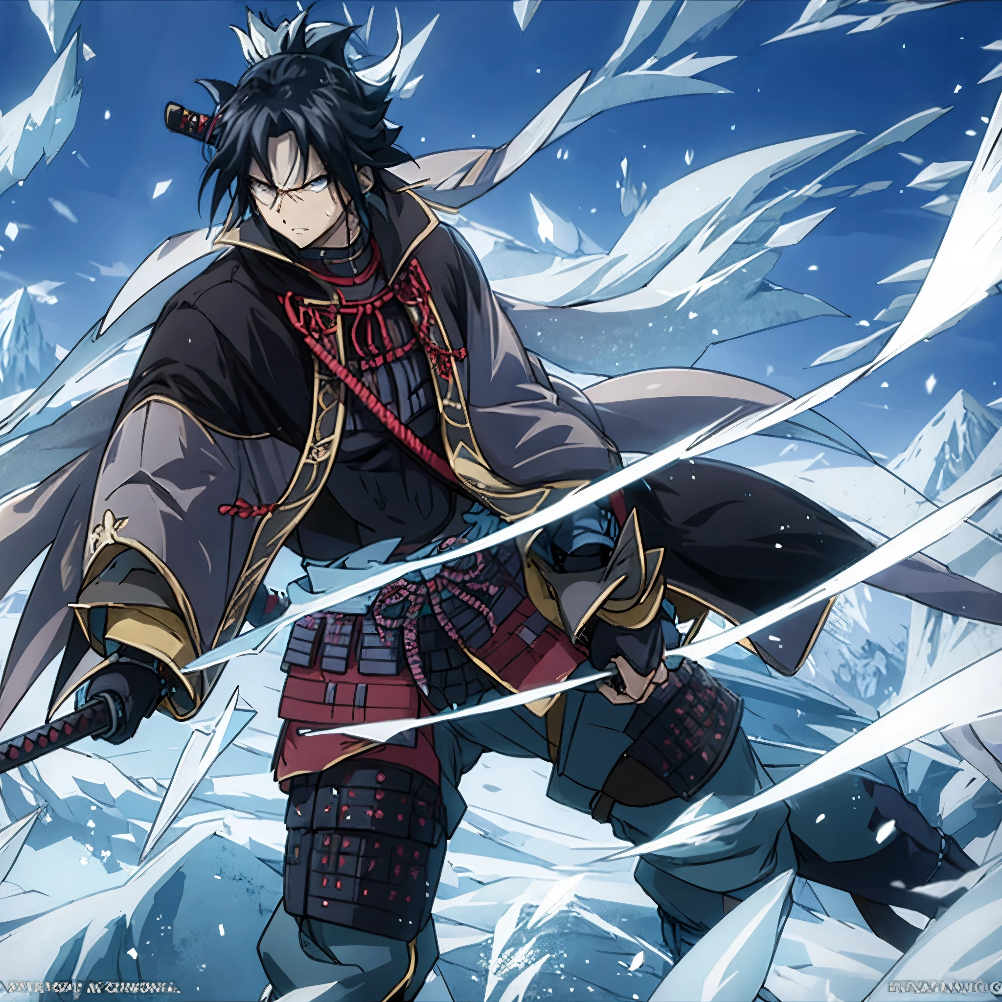 a man holding a katana made of ice