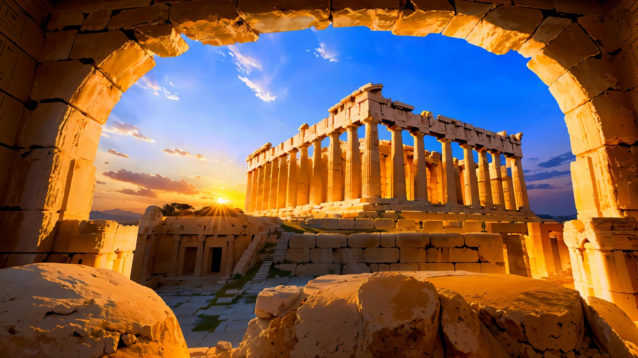 (8K, RAW photo, highest quality, masterpiece:1.2), High-definition RAW color photo, Professional photography, cinematic light, Super detailed, (photorealistic:1.37), ancient city, Sunset over the Acropolis of Athens, (golden hour lighting, beautiful detailed clouds, Views of remarkable ancient Greek architecture, Landscape painting, Bright colors, soft and warm tones, Impressive silhouette of the Parthenon against the sky, sense of distance, Calm and peaceful atmosphere, solemn atmosphere, Sunset sky,