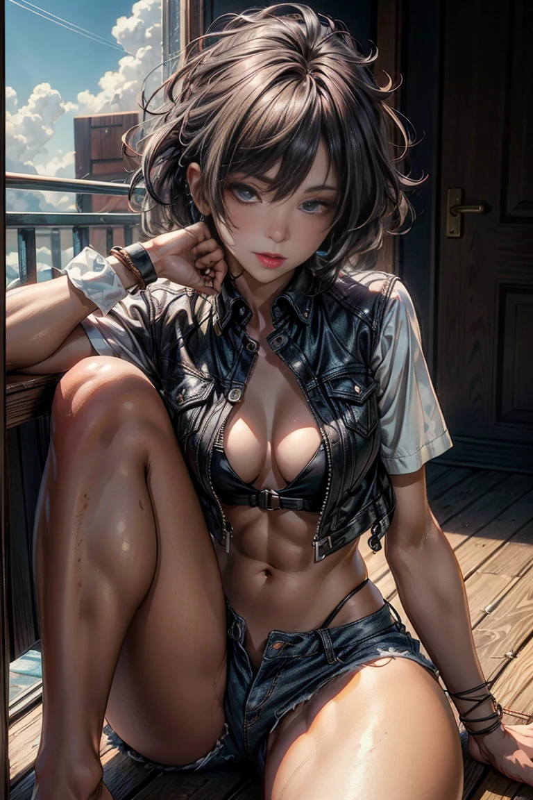 (best quality:1.6), (masterpiece:1.2), (realistic:1.4), taller slim woman, (hair over one eye:1.3), (mekakure:1.3), (tongue out:1.3), (show her tongue:1.3), (asymmetrical hair:1.1), (silver hair:1.2), (dark eye makeup:1.3), (Dark black eyeshadow:1.3), (handsome face:1.3), (brown skin:1.4), (tanned skin:1.4), (bronze skin:1.4), (mahogany colored skin:1.3), gorgeous eyes, stick out her tongue and open her mouth wide, toned abs, half-closed eyes, (open legs:1.1), (knees up:1.2), (staring at me:1.2), provocative sadistic smile, arm to head, front open shirt, unbuttoned to the belly, confident expression, many piercings, bare foot, bare legs, luxurious bedroom, dynamic pose, cinematic angle, Detailed drawing, perfect anatomy, (High Resolution), (high detailed skin), ((top-quality)), ((High Definition)), high quality shadow, mostly cloudy sky, detailed background, ((Unbeatable masterpiece)), Maximum clarity and sharpness, Multi-layer Textures, Post-Processing, Anisotropic Filtering, octane render, two-tone lighting, professional photography, Realistic portrait, White balance, Long Exposure, Low ISO, 8K RAW, perfect hands, detailed fingers, Ray Tracing, Depth of Field, (((Photorealistic))), anatomically correct, (((Best Quality))), (((Super Detail))), (((UHD)))