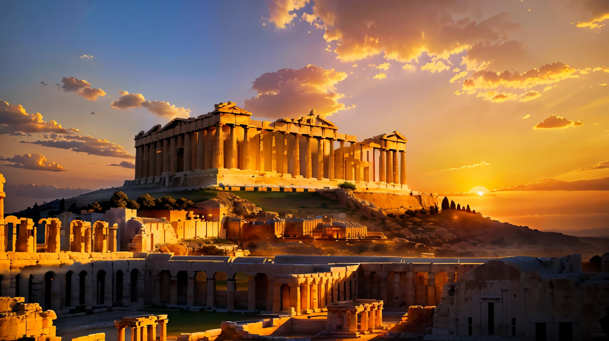 (8K, RAW photo, highest quality, masterpiece:1.2), High-definition RAW color photo, Professional photography, cinematic light, Super detailed, (photorealistic:1.37), ancient city, Sunset over the Acropolis of Athens, (golden hour lighting, beautiful detailed clouds, Views of remarkable ancient Greek architecture, Landscape painting, Bright colors, soft and warm tones, Impressive silhouette of the Parthenon against the sky, sense of distance, Calm and peaceful atmosphere, solemn atmosphere, Sunset sky, 