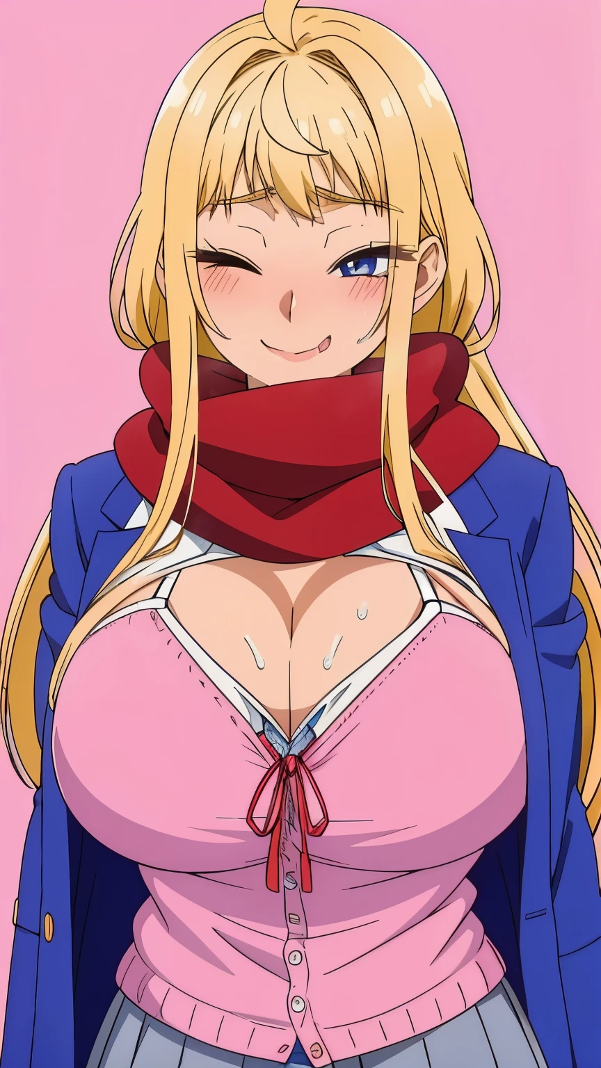 Minami_Fuyuki, 1 girl,Ahoge, alone, scarf, one eye closed, chest, pink cardigan, Jacket, cardigan, smile, purple eyes, skirt, red scarf, school uniform, blue nails, looking at the viewer, open your mouth, large chest, white background, tongue, blush, blue Jacket, breathe, bangs, hair behind the ear, teeth, pleated skirt, very long hair, grey skirt, tongue out, blazer, (cleavage),(huge breasts,full bust,busty, Round breasts:1.2) ,(wide tits),Athletic breasts,slender, (Curvaceous physique) ,Skinny Body ,(toned stomach)
breath,sweat,wet,smirk,nose blush, heart-shaped pupils, frustrated,shirt lift,show off bra