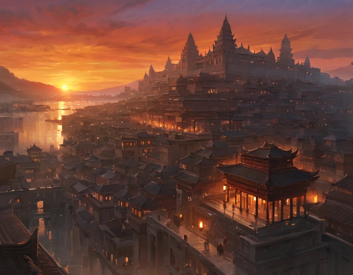 ancient city of sunset, (gleam), beautiful, aesthetic, ultra realistic illustration, 16K, extremely detailed CG unity 8k wallpaper, (masterful), masterpiece, best quality