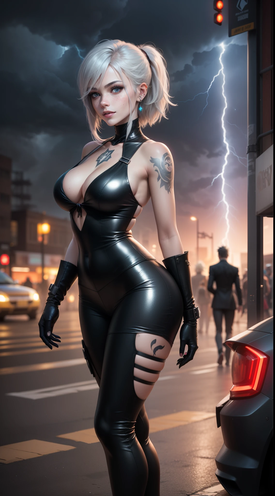 android 18,yorha 2b,raiden shogun,mordred, samus aran,overwatch,atelier ryza,close up,mountain view,tattoos,royal gray and gold plugsuit,white short sleeve formal top,black formal tie,thunder embroidery short sleeve formal coat,steel cargo leggings,short punk hair,punk makeup,blue eyes,multicolored silver hair,cyberpunk gloves,sexy smile,freckles,beautiful girl,cyberpunk high heels,large breasts, 8k,ultra detailed,realistic,fantasy art, thunder armor,hair pin,ear piercings,(weather:thunderstorm),1girl,gold neck and hand jewelry,glowing thunder sword,