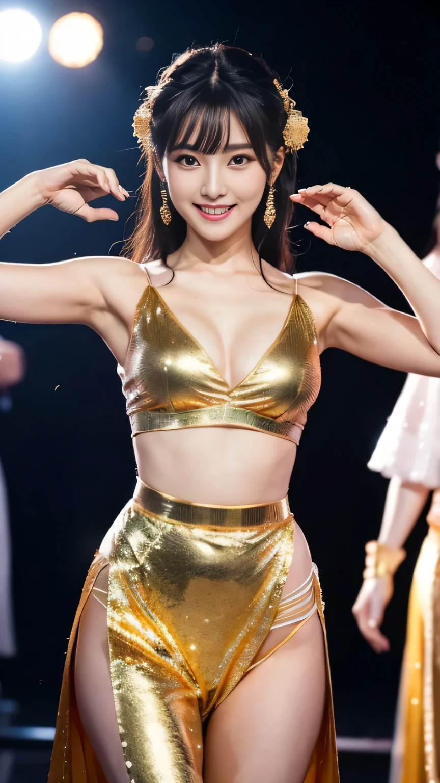 masterpiece, black hair, beautiful, elegant. Ultra-fine details, masterpieces, realistic textures, realistic cinematic lighting, perfect work, 8k, HD, delicate facial features, (Image from thighs to head), large breast, smile, (Japanese idol:1.2), Black and gold dance costume, Expressive, Stage spotlight, Theatrical backstage ambiance,
