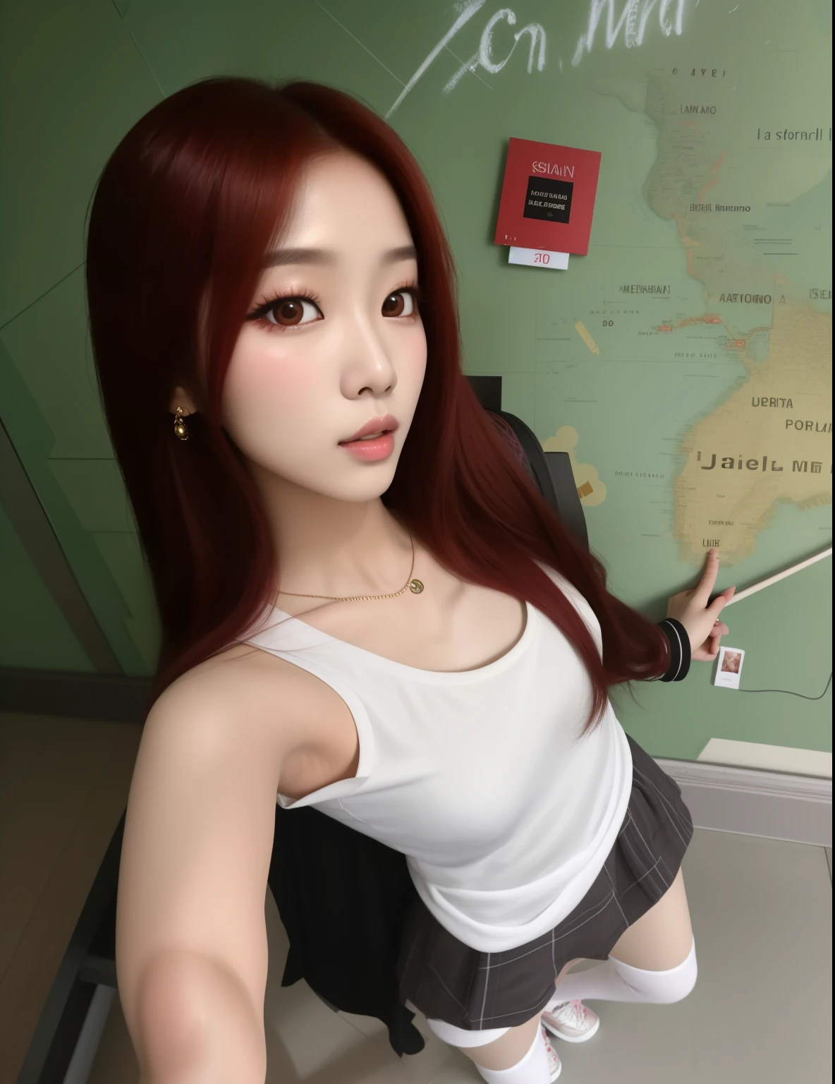 there is a woman with long red hair who is in front of a wall,  coreana, [ arte digital 4k ]!!, Ulzzang, linda jovem coreana, linda mulher sul-coreana, estilo anime 3 d realista, fotorrealista!!!!!!! Estilo de arte, sakimichan hdri, fotografia selfie 8k, linda jovem coreana, Retrato de Jossi do Blackpink