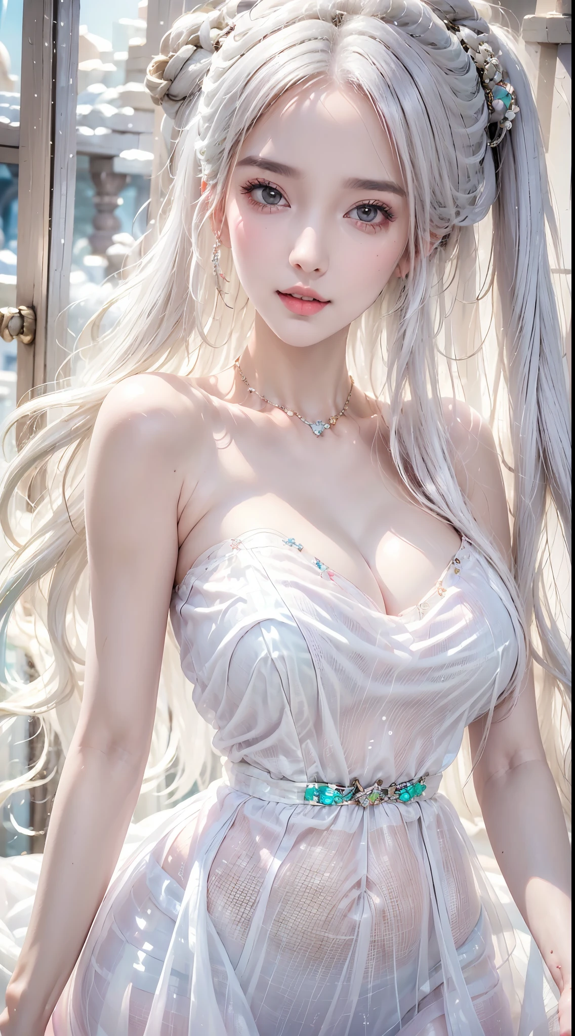 Sweet girl clothes4,strapless dress,jewelry, (Fluorescent color:1.4),(translucent:1.4),(retro filter:1.4), (fantasy:1.4), Candyland Disneyland Ethereal Soft Fluffy Landscape Forest Snow Avatar Soft Pink Sky Green Blue Glitter Ethereal Light Soft Whimsical Light Rainbow Stars Diamond Sparkling Gem Background Surreal Ultra Quality Cinematic Lighting Huge Detail Full HD Painting Sufficient lighting,