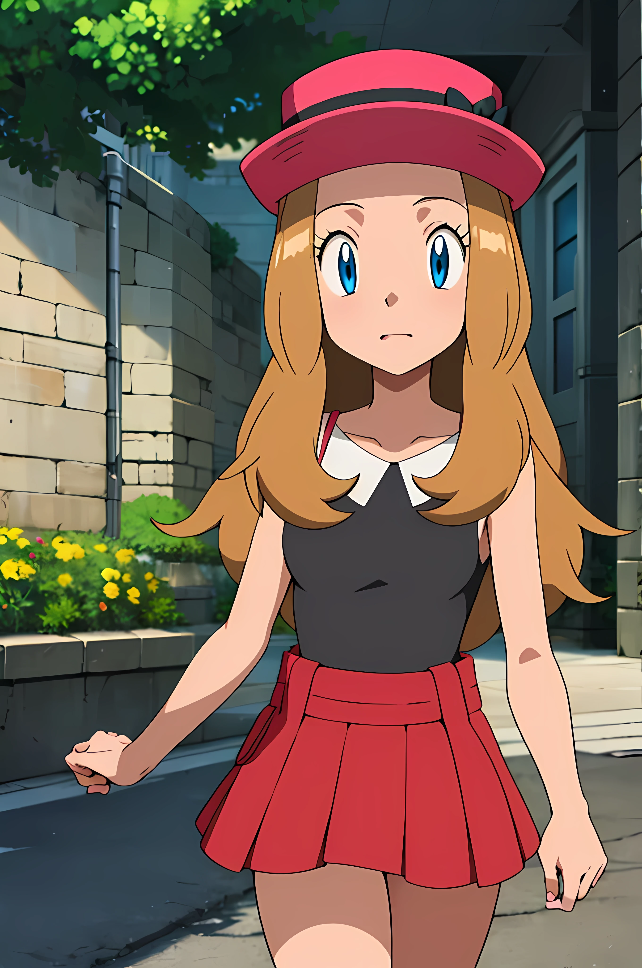 masterpiece, best quality, highres, outdoors, 1girl, solo, serena (pokemon), pink headwear, red skirt, black shirt, bare shoulders, looking at viewer, 