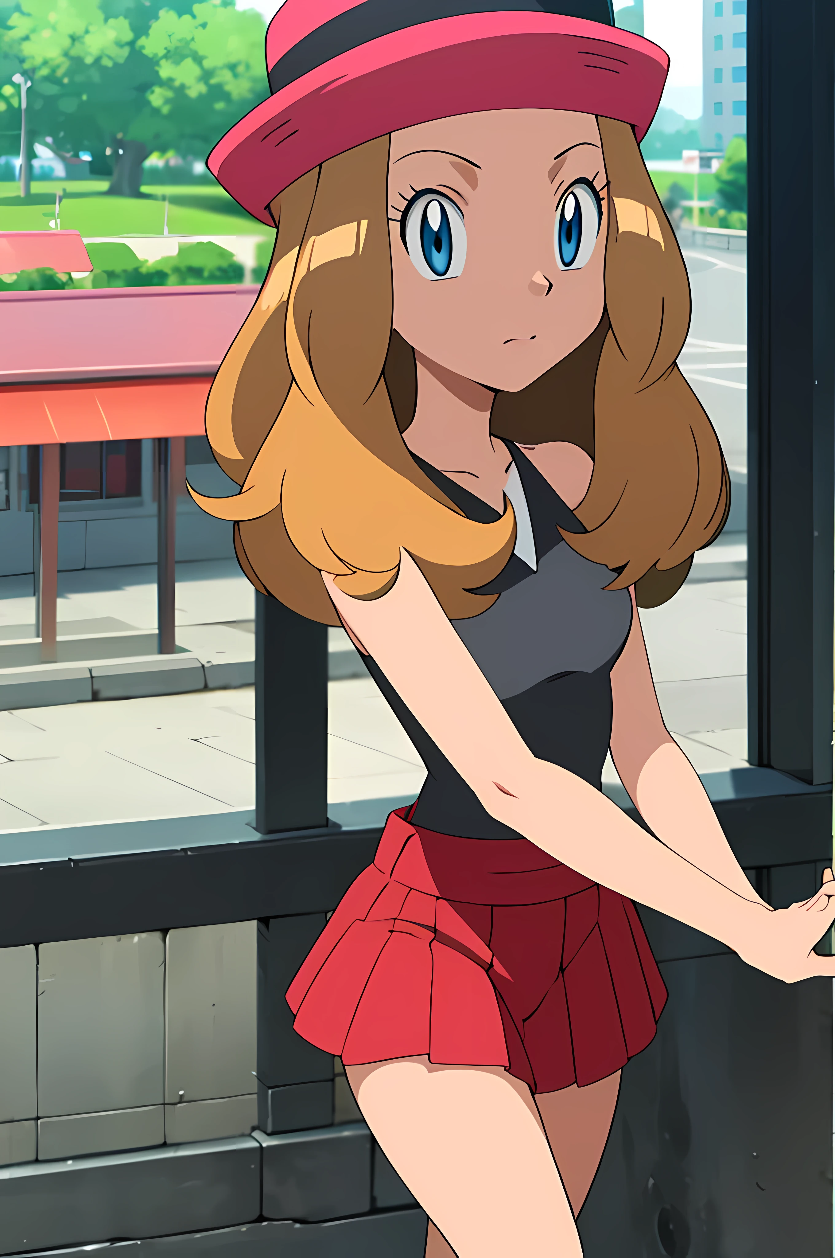 masterpiece, best quality, highres, outdoors, 1girl, solo, serena (pokemon), pink headwear, red skirt, black shirt, bare shoulders, looking at viewer, 