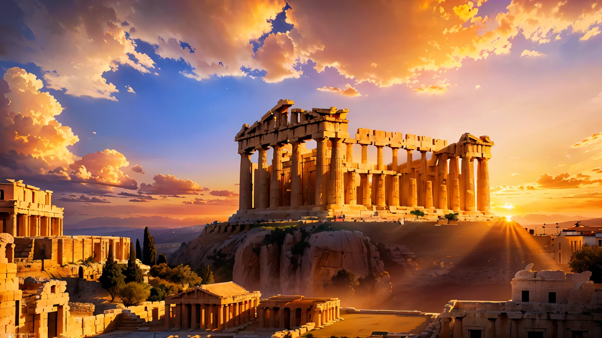 (8K, RAW photo, highest quality, masterpiece:1.2), High-definition RAW color photo, Professional photography, cinematic light, Super detailed, (photorealistic:1.37), ancient city, Sunset over the Acropolis of Athens, (golden hour lighting, beautiful detailed clouds, Views of remarkable ancient Greek architecture, Landscape painting, Bright colors, soft and warm tones, Impressive silhouette of the Parthenon against the sky, sense of distance, Calm and peaceful atmosphere, solemn atmosphere, Sunset sky,