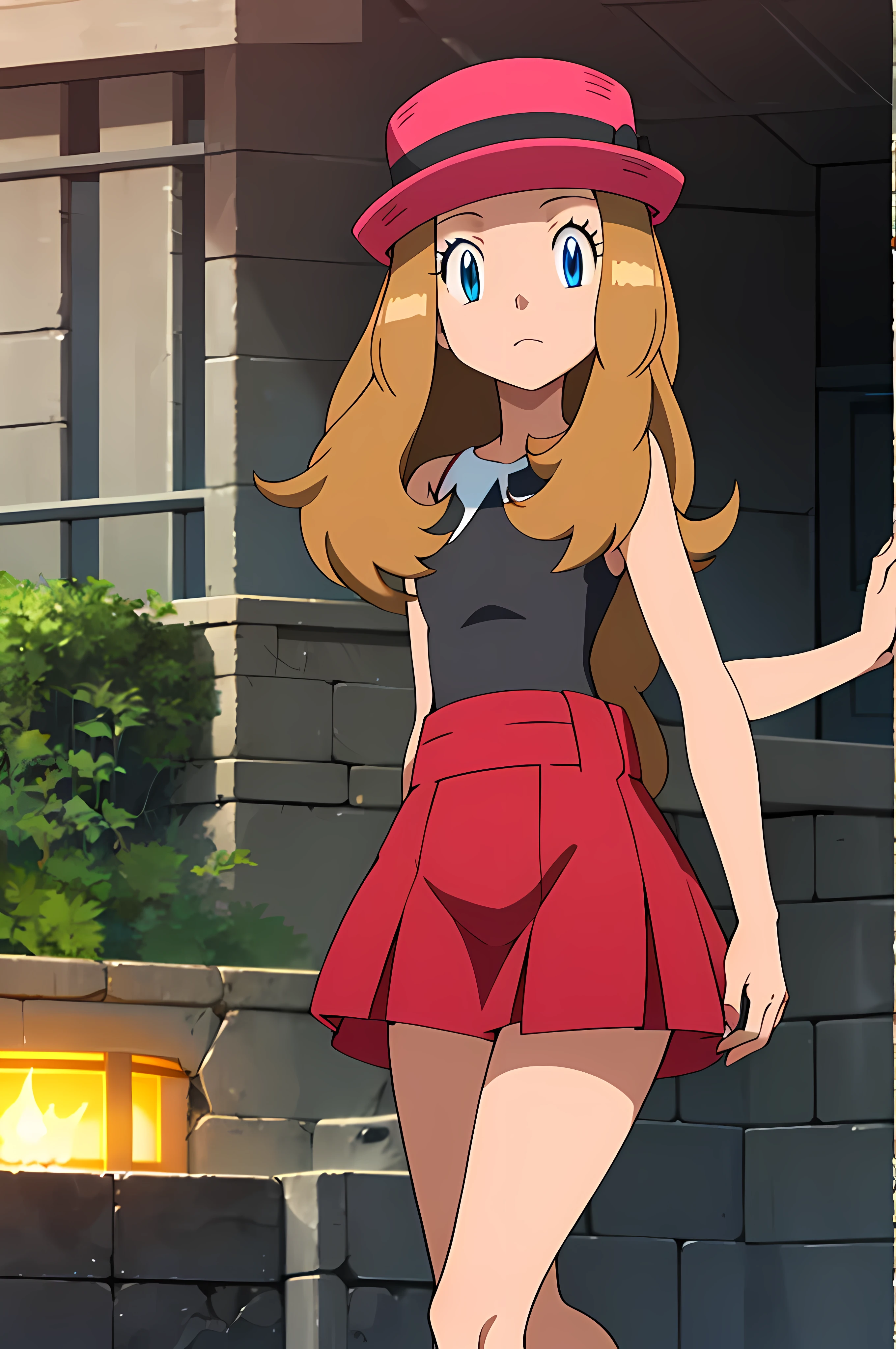 masterpiece, best quality, highres, outdoors, 1girl, solo, serena (pokemon), pink headwear, red skirt, black shirt, bare shoulders, looking at viewer, 