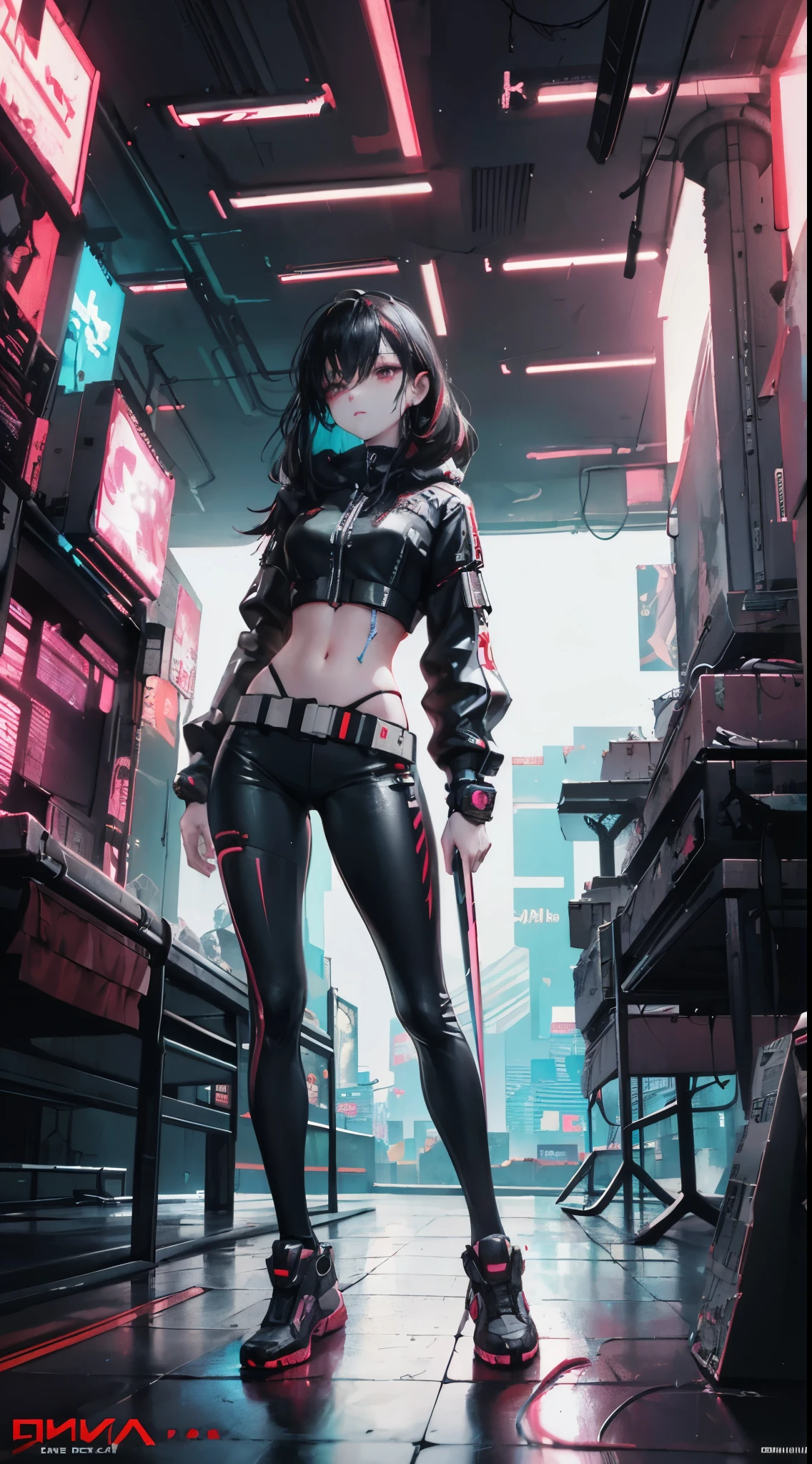 1 woman, wearing black crop top, beautifull, master piece, filmic, ambient oclusion, warm colors, detailed face, unreal engine 5, (1 light), dinamic lighting, intrincate, volumetric lighting, (((full body:0.7))), long read hair, holding sword, night time, neon detail, futuristic, (((cyberpunk:1.3))), (skinny body:1.2),((thick thighs:0.2))