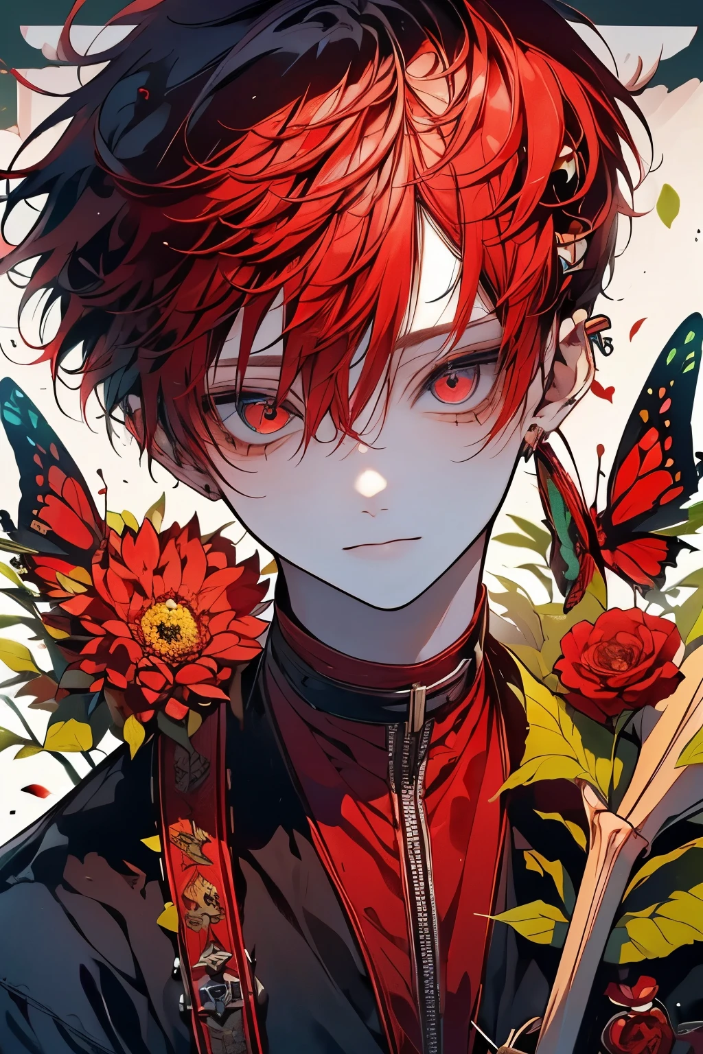 (muste piece), (best quality), very detailed, 1 boy, solo focus,perfect face, beautiful face, very detailed顔,(Red-haired shorthair:1.3),(red eyes:1.3),flower,butterfly々,flowerびら,Light,smile,long eyelashes