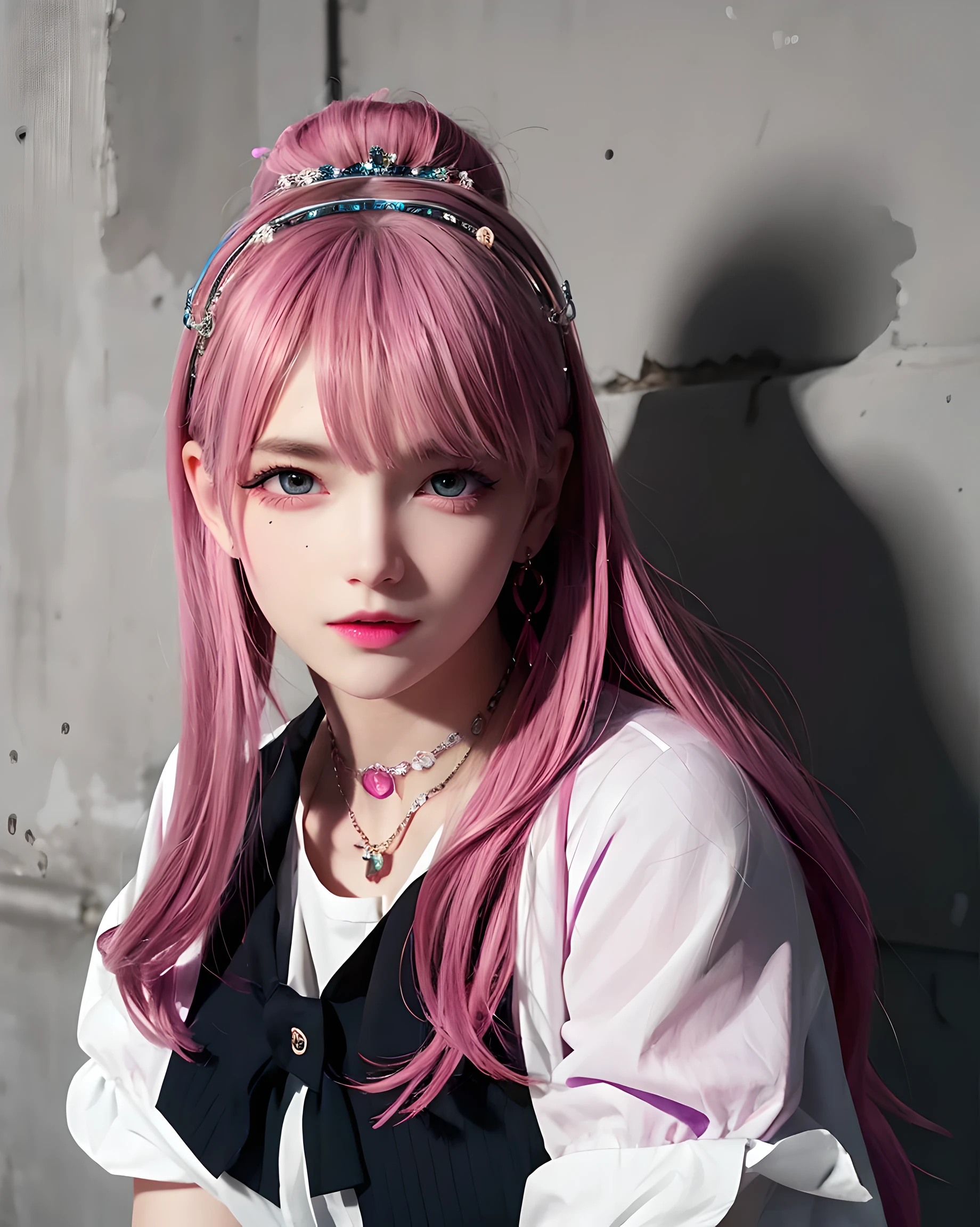 (masterpiece, best quality, 1 girl, alone, intricate details, Color difference), actual, ((medium breathing)),long hair, pink hair, red headdress, Pink highlights, hair covering one eye,purple eyes, earrings, keen vision, collar, neon shirt, open jacket, crop top, (symmetrical eyes),(Perfectly symmetrical figure),leaning against wall, brick wall, Graffiti, dim lights, alley ,look at the audience