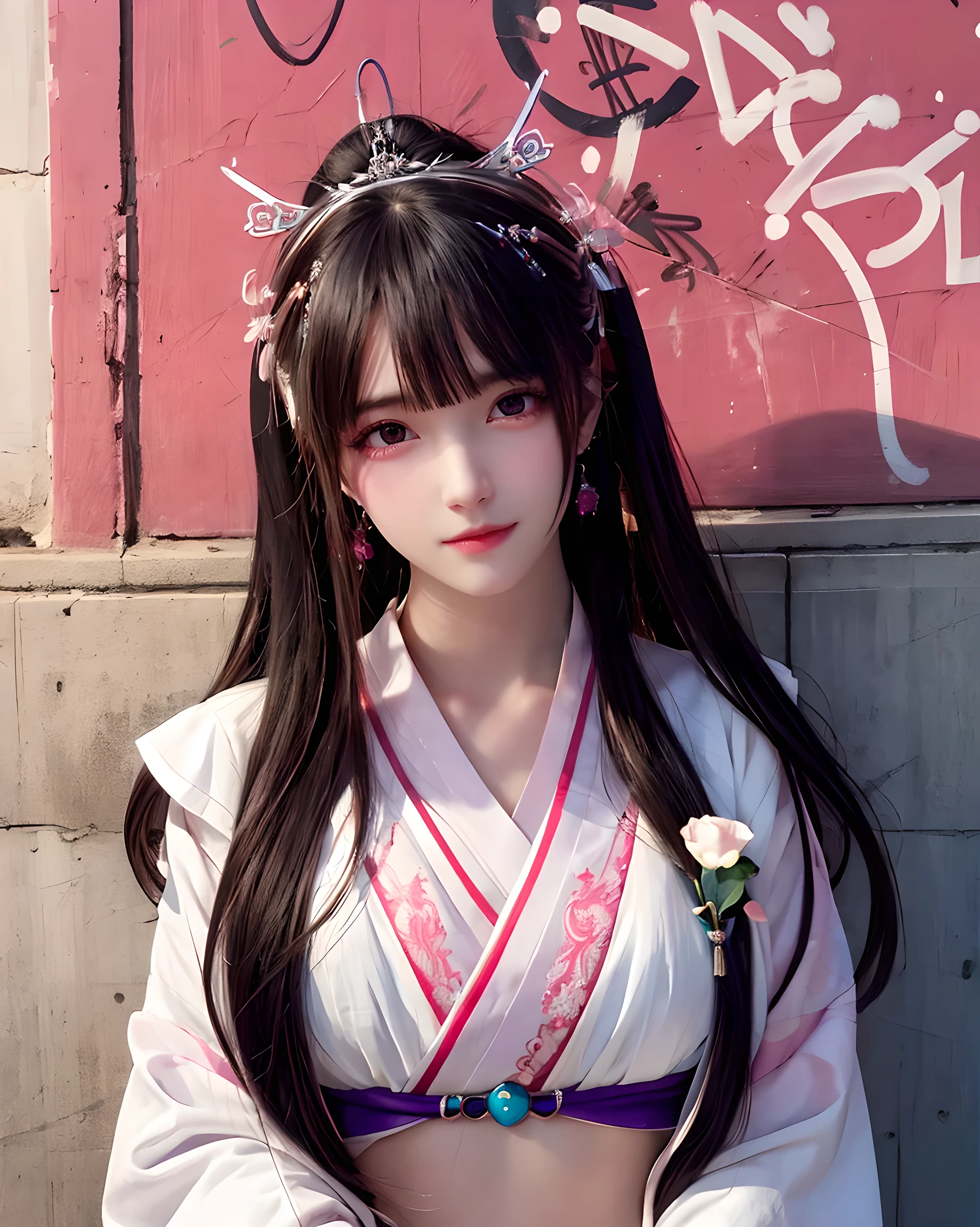 (masterpiece, best quality, 1 girl, alone, intricate details, Color difference), actual, ((medium breathing)),long hair, pink hair, red headdress, Pink highlights, hair covering one eye,purple eyes, earrings, keen vision, collar, neon shirt, open jacket, crop top, (symmetrical eyes),(Perfectly symmetrical figure),leaning against wall, brick wall, Graffiti, dim lights, alley ,look at the audience,beautiful and delicate eyes,There is light on the face,(hanfu:1.1),professional lighting,photon diagram,Radiosity,Physically based rendering,above waist