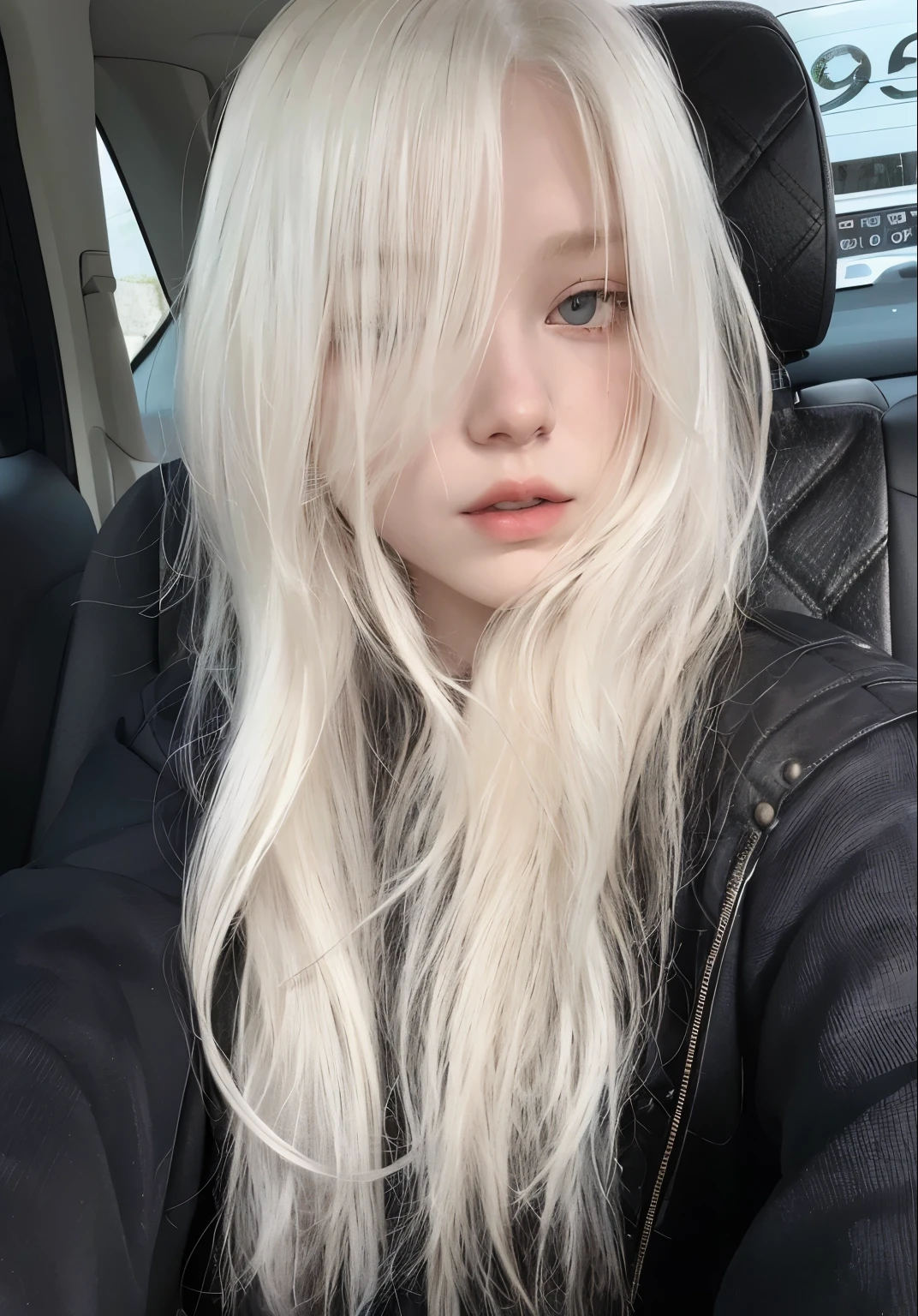 blond woman con pelo largo y blanco sitting in a car, su cabello es blanco, flequillo blanco, con el pelo largo y blanco, Pale fur, extremely pale blonde hair, pelo largo y blanco y flequillo, chica perfecta de pelo blanco, con pelo largo y blanco, cabello con flequillo blanco, pale white skin, very very pale blonde hair, albino pale white skin, pale porcelain white skin
