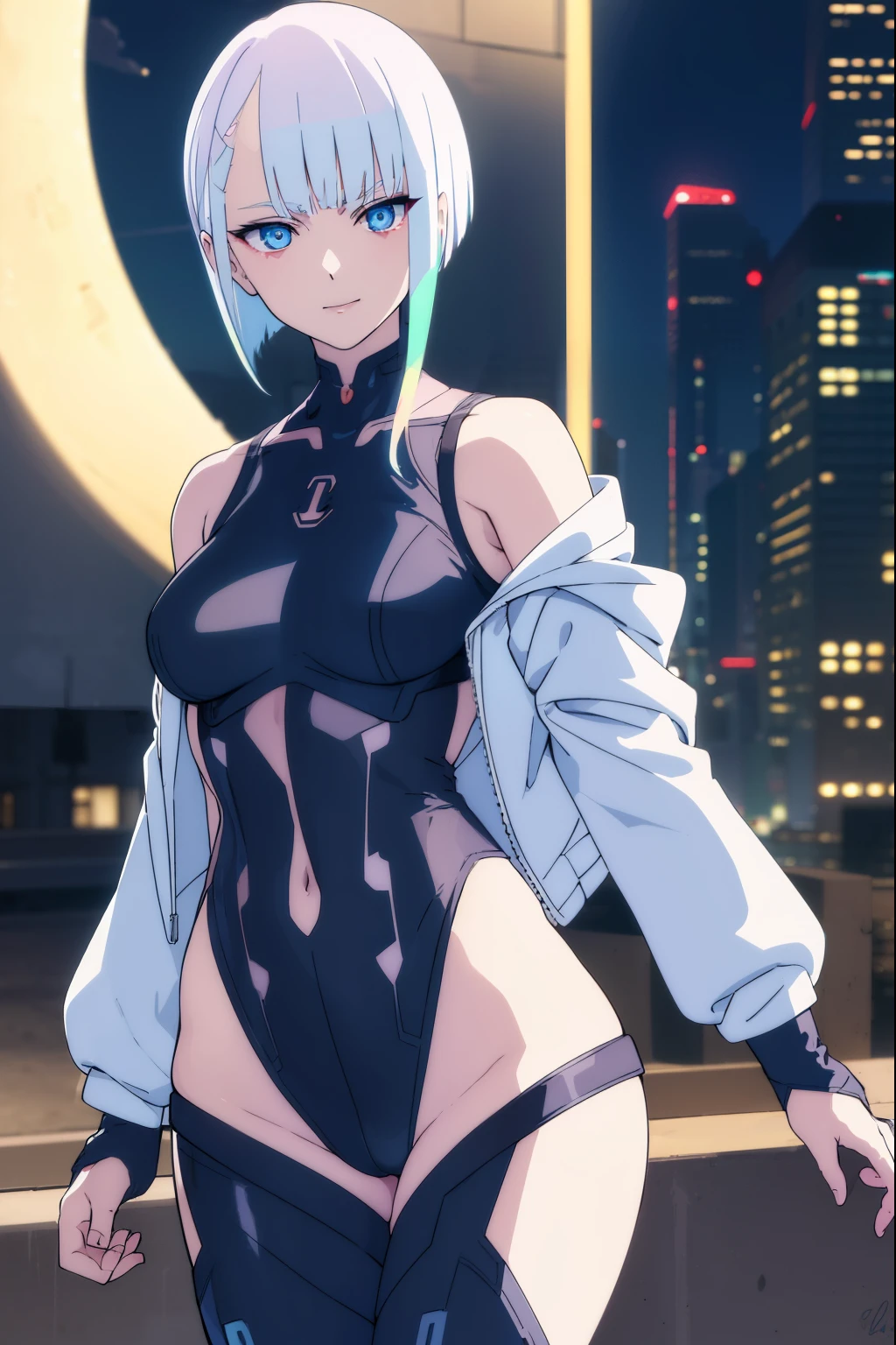 cyberpunklucy, lucy, short hair, bangs, blue eyes, blue hair, multicolored hair, makeup, multicolored eyes, smile,
BREAK bare hips, bodysuit, jacket, leotard, monowire, off shoulder, off-shoulder jacket, open clothes, open jacket, skindentation,
BREAK outdoors, city, moon, night, sky, clouds,
BREAK looking at viewer, (cowboy shot:1.5),
BREAK (masterpiece:1.2), best quality, high resolution, unity 8k wallpaper, (illustration:0.8), (beautiful detailed eyes:1.6), extremely detailed face, perfect lighting, extremely detailed CG, (perfect hands, perfect anatomy),