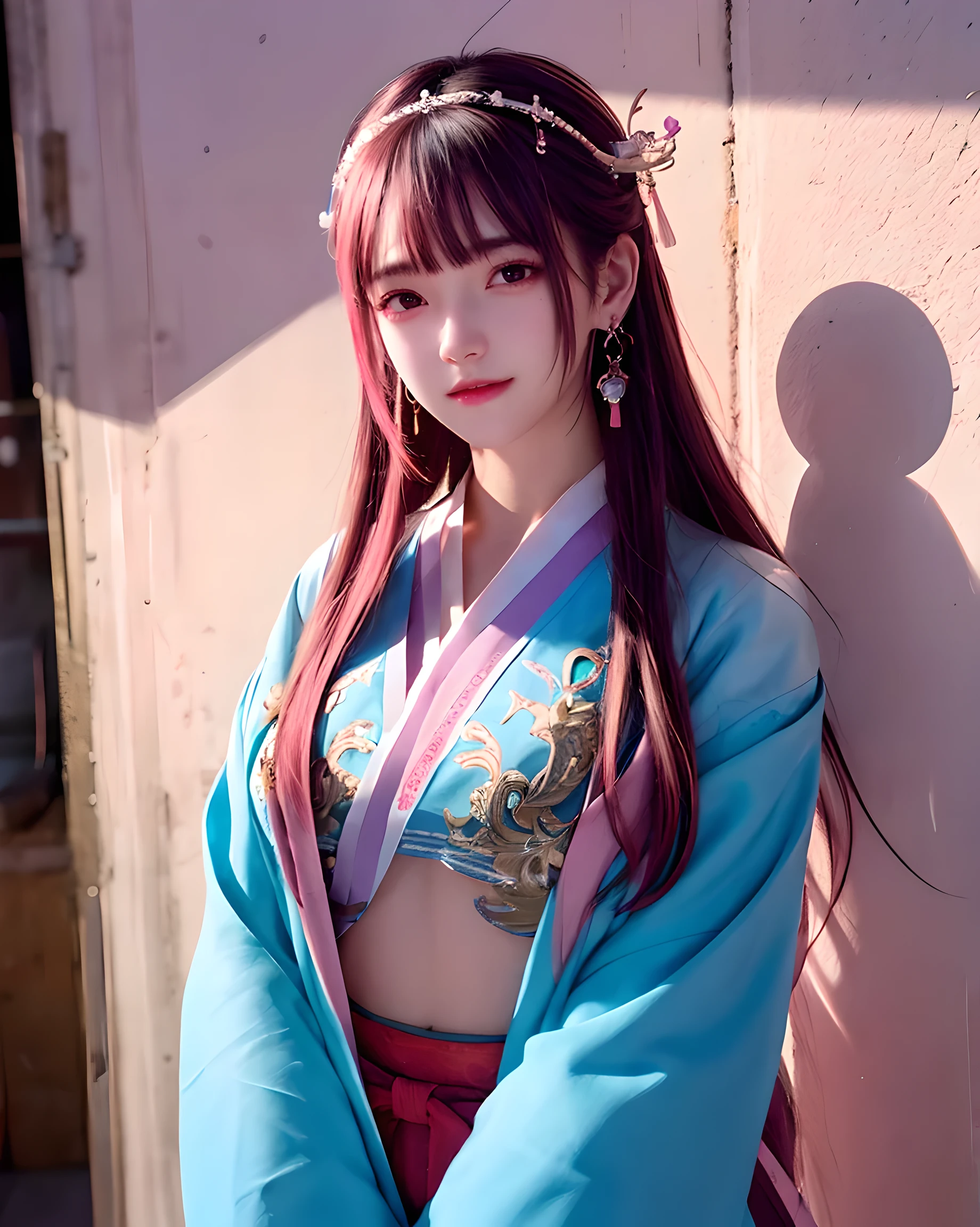 (masterpiece, best quality, 1 girl, alone, intricate details, Color difference), actual, ((medium breathing)),long hair, pink hair, red headdress, Pink highlights, hair covering one eye,purple eyes, earrings, keen vision, collar, neon shirt, , crop top, (symmetrical eyes),(Perfectly symmetrical figure),leaning against wall, brick wall, Graffiti, dim lights, alley ,look at the audience，beautiful and delicate eyes,There is light on the face,(hanfu:1.1)，professional lighting，photon diagram，Radiosity，Physically based rendering，above waist