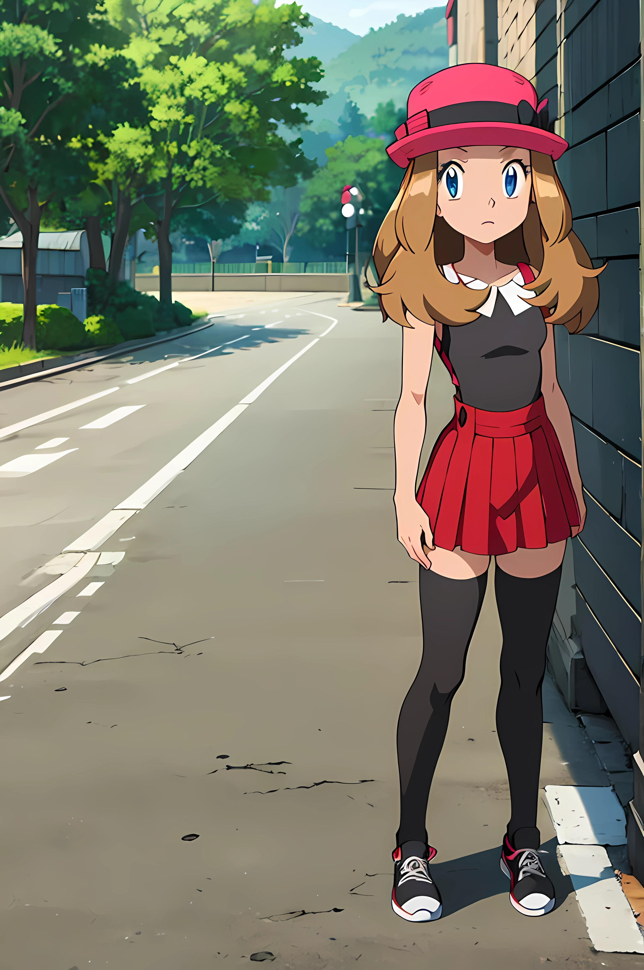 masterpiece, best quality, highres, outdoors, 1girl, solo, serena (pokemon), pink headwear, red skirt, black shirt, bare shoulders, black thigh high stockings. black sneakers, looking at viewer, 