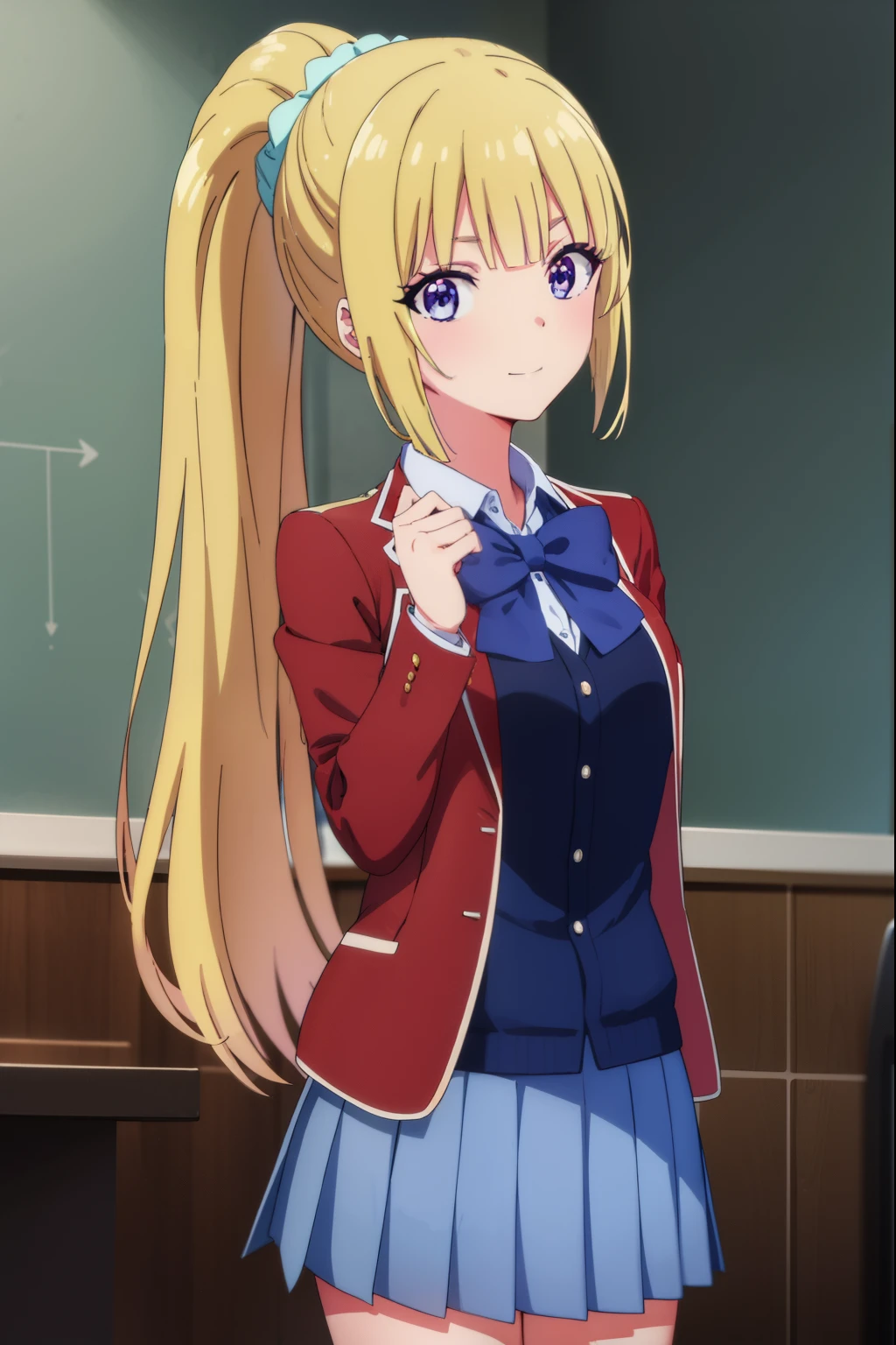 keikaruizawa, kei karuizawa, long hair, bangs, blunt bangs, (purple eyes:1.1), blonde hair, shirt, hair ornament, ponytail, scrunchie, blue scrunchie, smile,
BREAK skirt, shirt, bow, school uniform, jacket, (red jacket:1.2), pleated skirt, bowtie, sweater, (blue bow:1.2), (blue shirt:1.2),
BREAK indoors, classroom,
BREAK looking at viewer, (cowboy shot:1.5),
BREAK (masterpiece:1.2), best quality, high resolution, unity 8k wallpaper, (illustration:0.8), (beautiful detailed eyes:1.6), extremely detailed face, perfect lighting, extremely detailed CG, (perfect hands, perfect anatomy),