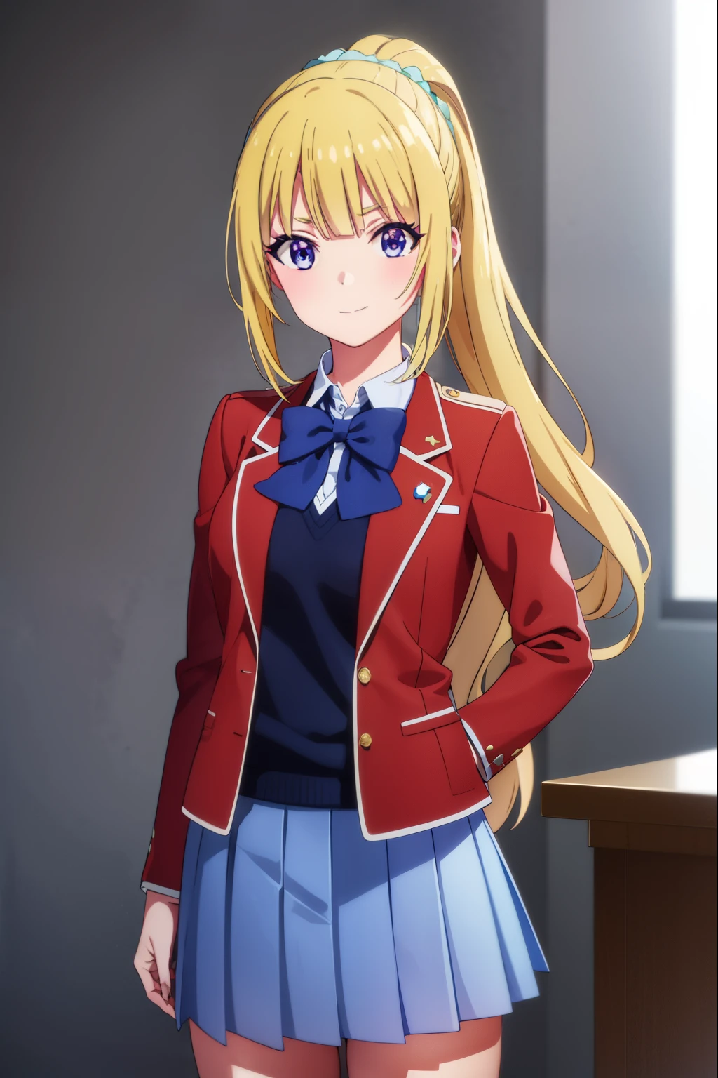 keikaruizawa, kei karuizawa, long hair, bangs, blunt bangs, (purple eyes:1.1), blonde hair, shirt, hair ornament, ponytail, scrunchie, blue scrunchie, smile,
BREAK skirt, shirt, bow, school uniform, jacket, (red jacket:1.2), pleated skirt, bowtie, sweater, (blue bow:1.2), (blue shirt:1.2),
BREAK indoors, classroom,
BREAK looking at viewer, (cowboy shot:1.5),
BREAK (masterpiece:1.2), best quality, high resolution, unity 8k wallpaper, (illustration:0.8), (beautiful detailed eyes:1.6), extremely detailed face, perfect lighting, extremely detailed CG, (perfect hands, perfect anatomy),