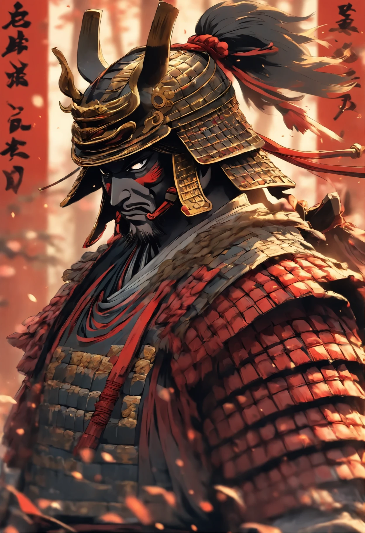 (((Samurai armor))) highest quality, very high resolution, Detailed CG in 4K, masterpiece, Yawata, red, Shui Mohua, Chinese tribes, cities in china, forest, aesthetics, beautiful images, centered on the screen, whole body