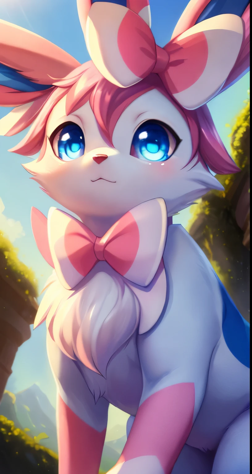 by Issac Levitan, by Rumiko Takahashi, by Ephraim Moses Lilien, by Hioshiru, by Glacierclear, solo chibi, (quadruped feral:1.4), ((Sylveon)) with ((white and pink and blue body)) and (pink hair, pink and white bow ribbon) and ((clear sky blue eyes)), (detailed Sylveon), ((detailed fluffy fur)), (half-length portrait, looking at viewer, three-quarter view, [low-angle view]:1.2), BREAK, (detailed background, depth of field, half body shadow, sunlight, ambient light on the body), (intricate:0.7), (high detail:1.2), (unreal engine:1.3), (sharp focus:1.1), [explicit content, questionable content], (masterpiece, best quality, 4k, 2k, shaded, absurd res)