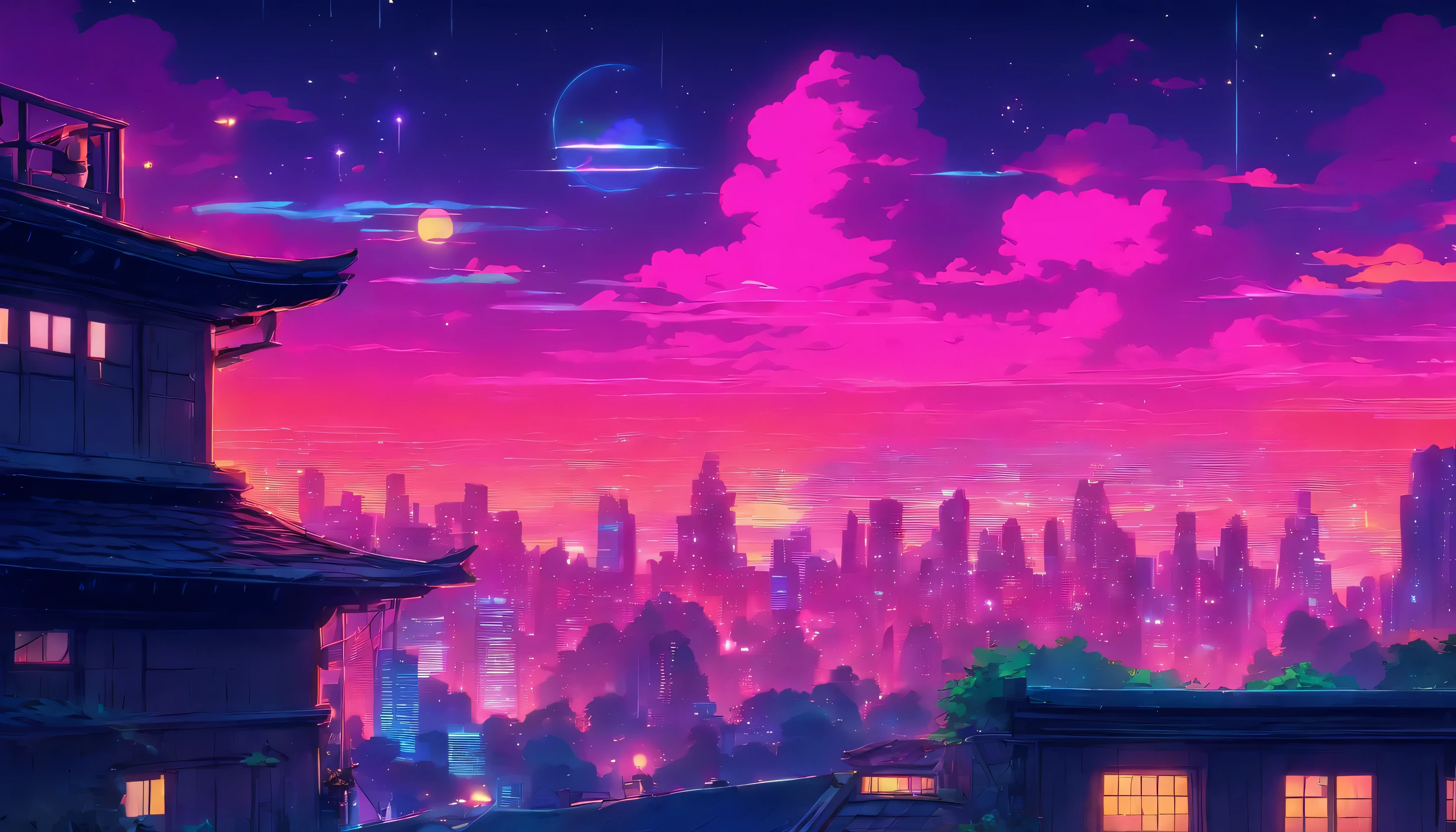 (Lofi), A girl sitting on the rooftop of an old house, Lo-fi image,retro, flat,2.5d, night light, rooftop view, neon scape, beautiful colorful night sky,stars ,analog color theme, fantasy ,line art, ink drawing, big ink line, watercolor, goauche color, studio Ghibli style, awesome colorful, outurn, synthwave, lofi art,90s style,old texture, amplitude,90s atmosphere, masterpiece, massive skills
