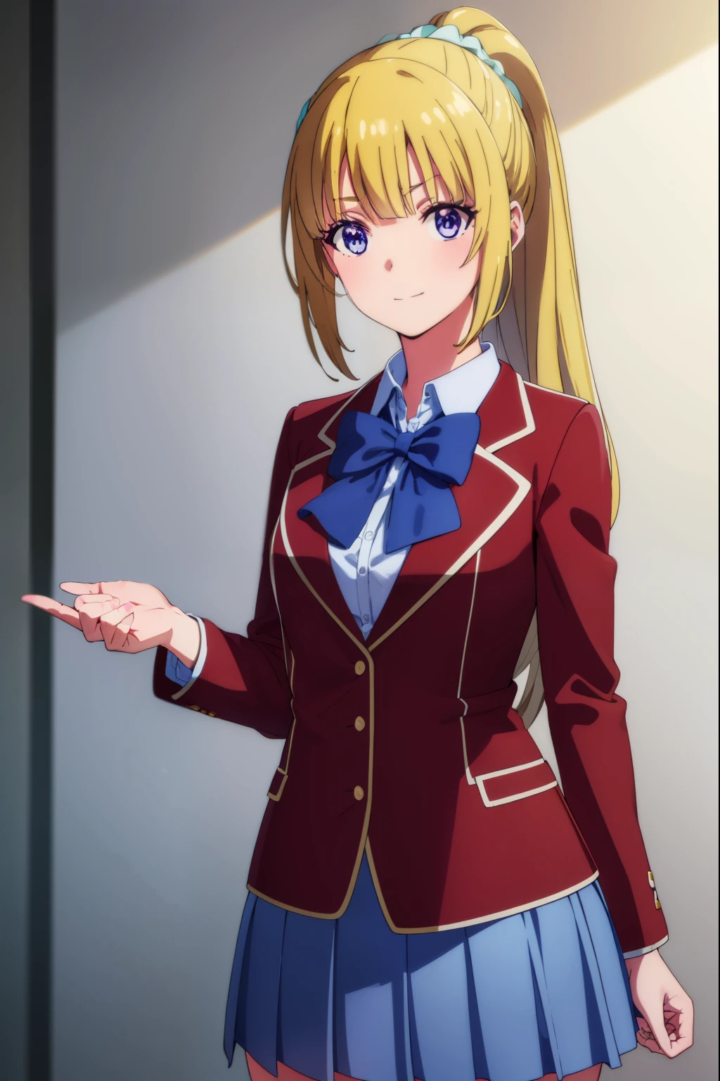 keikaruizawa, kei karuizawa, long hair, bangs, blunt bangs, (purple eyes:1.1), blonde hair, shirt, hair ornament, ponytail, scrunchie, blue scrunchie, smile,
BREAK skirt, shirt, bow, school uniform, jacket, (red jacket:1.2), pleated skirt, bowtie, sweater, (blue bow:1.2), (blue shirt:1.2),
BREAK indoors, classroom,
BREAK looking at viewer, (cowboy shot:1.5),
BREAK (masterpiece:1.2), best quality, high resolution, unity 8k wallpaper, (illustration:0.8), (beautiful detailed eyes:1.6), extremely detailed face, perfect lighting, extremely detailed CG, (perfect hands, perfect anatomy),