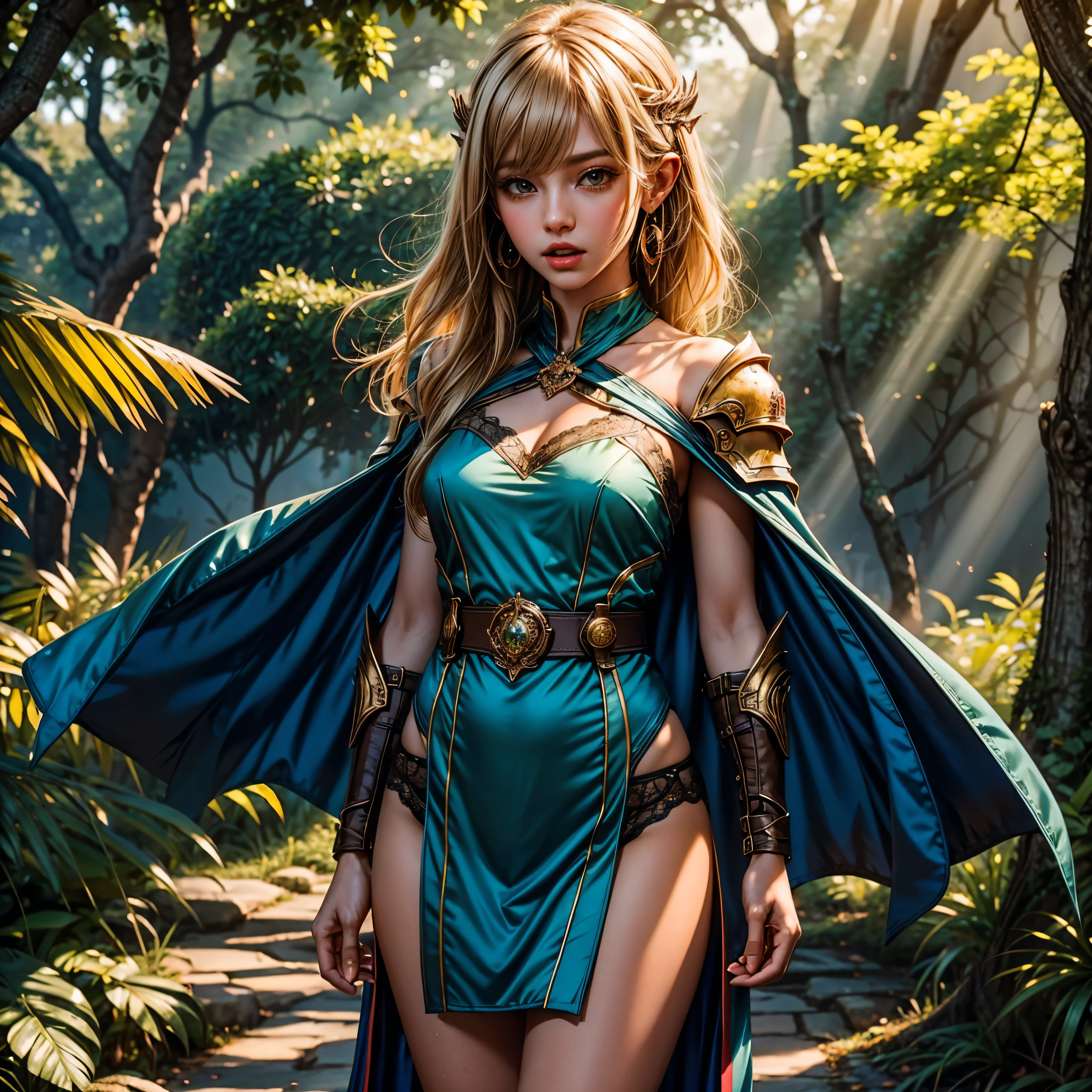 ANI_CLASSIC_deedlit_ownwaifu www.ownwaifu.com,(extremely detailed fine touch:1.2) Elf (natural light, sun light, light rays, dappled light, ray tracing:1.2), mature female , masterpiece, ultra best quality, ultra highly quality , elf pointy ears, blonde hair, long hair, circlet, green eyes, long pointy ears, very long hair, breasts, medium breasts, earrings, lips, makeup, bangs, cape, armor, blue cape, shoulder armor, pauldrons, gloves, breastplate, belt, green dress, short dress, looking at viewer, blush, open mouth, standing, (Masterpiece, extremely detailed CG, sharp line),deedlit, offcial art, Colorful, Beautiful Japanese anime style,Extremely detailed eyes and face,Sharp pupils,realistic pupil,In the woods、cabellos largos dorados,Black lace panties,Slender thighs, varies multi etc. --v 6 --s 1000 --c 20 --q 20 --chaos 100
