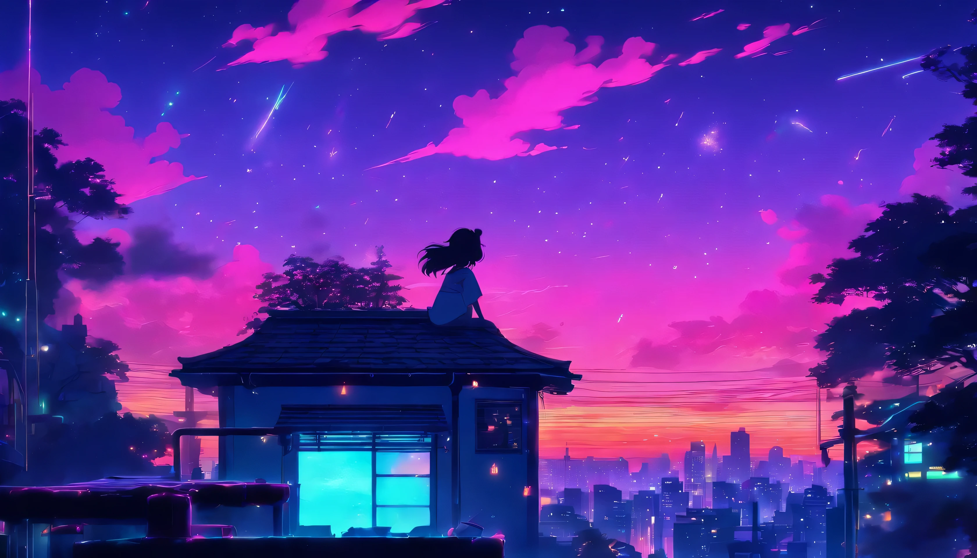 (Lofi), A girl sitting on the rooftop of an old house, Lo-fi image,retro, flat,2.5d, night light, rooftop view, neon scape, beautiful colorful night sky,stars ,analog color theme, fantasy ,line art, ink drawing, big ink line, watercolor, goauche color, studio Ghibli style, awesome colorful, outurn, synthwave, lofi art,90s style,old texture, amplitude,90s atmosphere, masterpiece, massive skills
