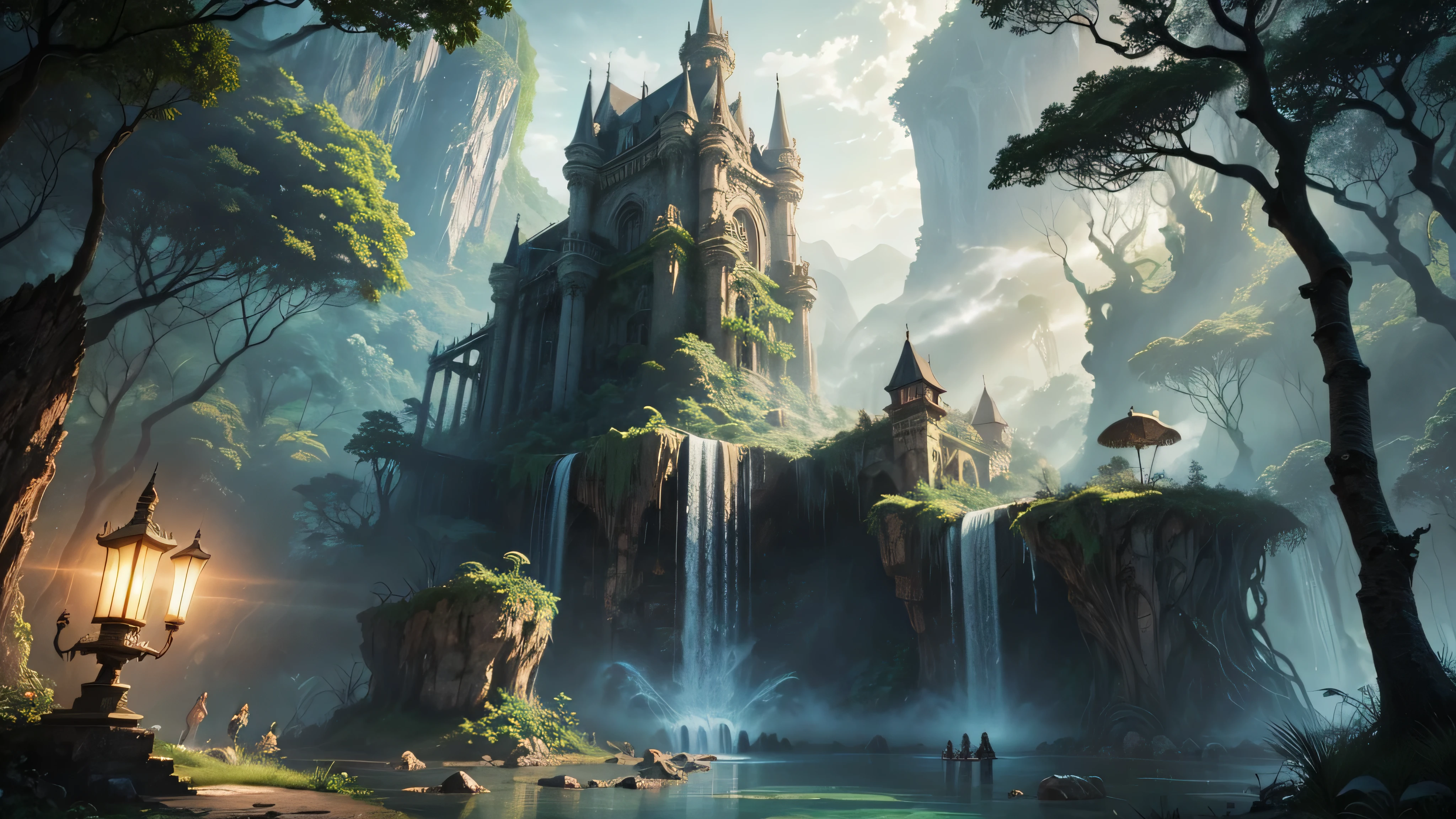 There is a waterfall in the middle of a tropical jungle, bela fantasia detalhada, fantasia altamente detalhada, fantasy scenic, arte digital de fantasia detalhada, Arte digital de fantasia 2D, arte digital detalhada de fantasia 2D, impressive paisagem de fantasia, fantasy pictorial style, arte estilo fantasia, medieval paisagem de fantasia, paisagem de fantasia, realistic fantasy illustration, Arte de fantasia 4k, cidade de fantasia