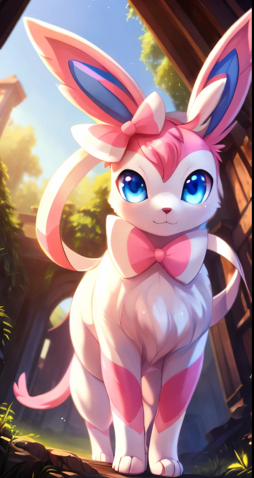 by Issac Levitan, by Rumiko Takahashi, by Ephraim Moses Lilien, by Hioshiru, by Glacierclear, solo chibi, (quadruped feral:1.4), ((Sylveon)) with ((white and pink and blue body)) and (pink hair, pink and white bow ribbon) and ((clear sky blue eyes)), (detailed Sylveon), ((detailed fluffy fur)), (half-length portrait, looking at viewer, three-quarter view, [low-angle view]:1.2), BREAK, (detailed background, depth of field, half body shadow, sunlight, ambient light on the body), (intricate:0.7), (high detail:1.2), (unreal engine:1.3), (sharp focus:1.1), [explicit content, questionable content], (masterpiece, best quality, 4k, 2k, shaded, absurd res)