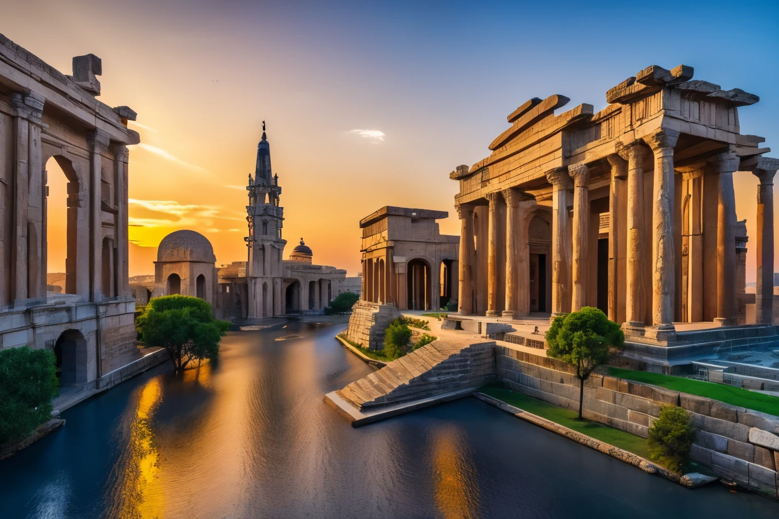 An ancient city gradually revealing its mystical allure at sunset, bathed in the golden hues of twilight (8k, RAW photo, best quality, masterpiece:1.2). Renowned for its intricate architectural wonders, every stone and crevice appears hyper-realistic and photo-realistic (1.37), detailed to the most minute degree (ultra-detailed). The vibrant colors of the sunset subtly illuminate each facade, creating an ethereal appeal that whispers tales of centuries past.