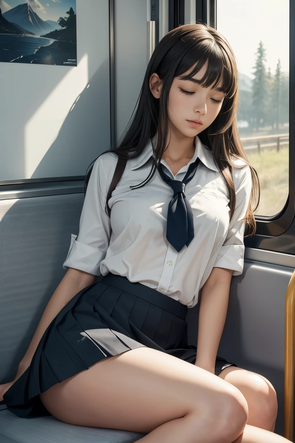 (realistic:1.3), shaded face, depth of field, school uniform, 
beautiful detailed illustration,amazing art,(((Extremely detailed))),
sitting 1girl,bangs,female high-school student,sleeping,Closed eyes,WHITE panties,skirt,
cowboy shot,from FRONT
,(((Extremely detailed))),On the train, a young woman is sleeping contentedly. Through the gap between her legs and skirt, her panties can be seen. As the vehicle rocks, her peaceful expression and gentle breathing create a calming atmosphere
,(((Extremely detailed)))