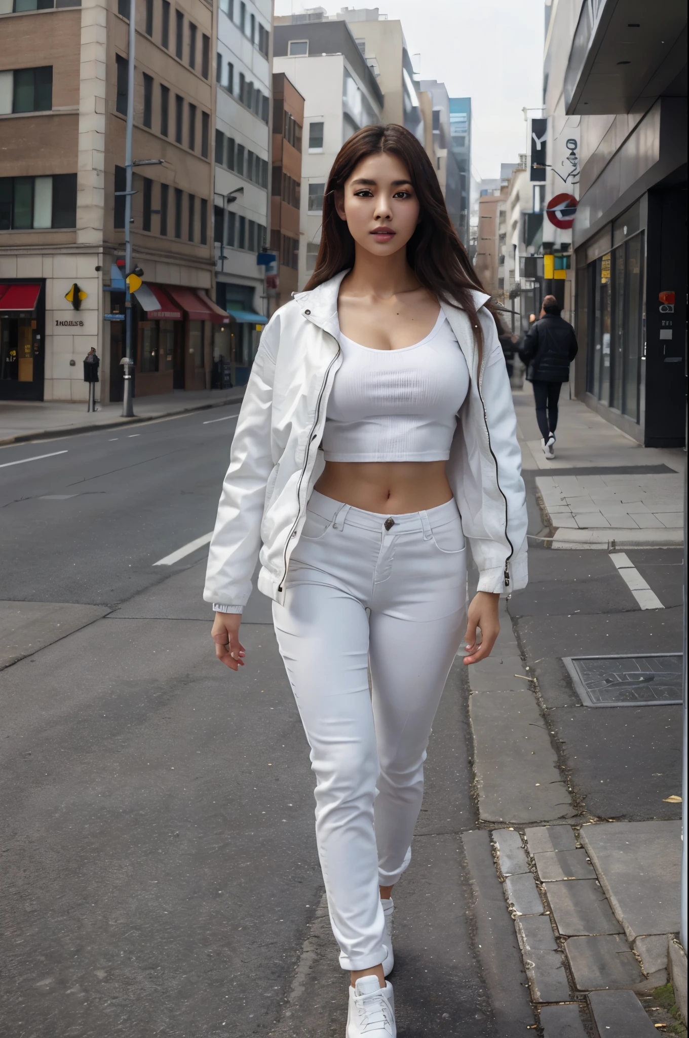 Full body high-definition ,realistic, highest quality, hyoon, (Upper body:1.4),Ultra-high definition images,facial details, white jacket, walking