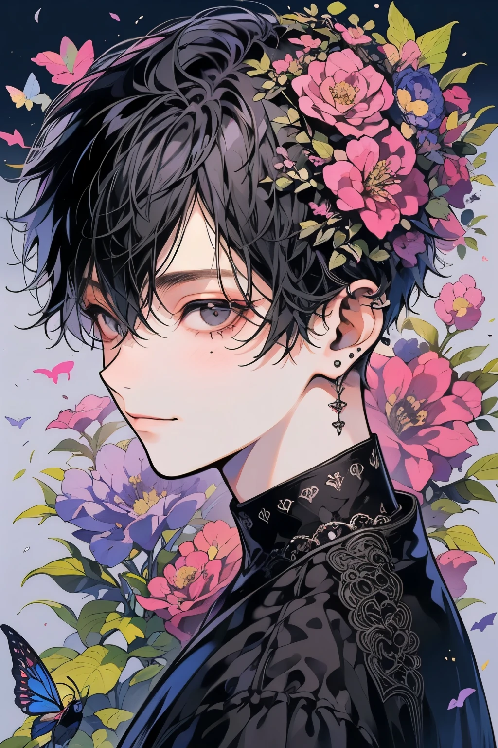 (muste piece), (best quality), very detailed, 1 boy, solo focus,perfect face, beautiful face, very detailed顔,(black short hair:1.3),(Jet black eyes:1.3),flower,butterfly々,flowerびら,Light,smile,long eyelashes