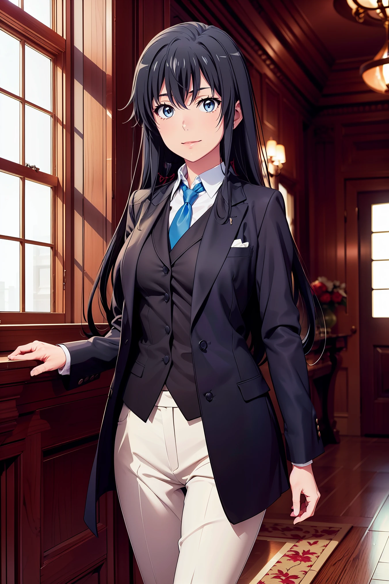 Yukinoshita Yukino ,A woman wearing a formal, attractive coat stands in a large gap in the room , 1girl, Single, blue necktie, Black hair, Blue eyes, long hair, He smiles , Collared shirt, White pants, White shirt , Elegantly designed coat , Stand in front of the window ,Perfectly tailored tailcoat. It has a stunning Victorian design and is made of lustrous fabric
