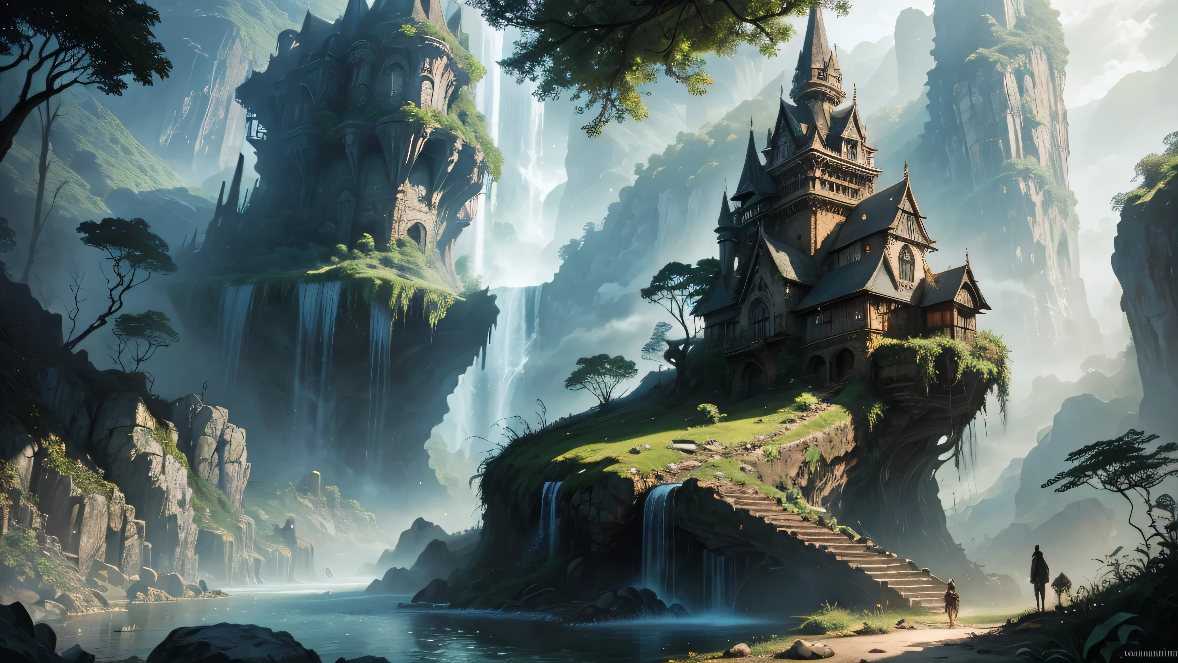 There is a waterfall in the middle of a tropical jungle, bela fantasia detalhada, fantasia altamente detalhada, fantasy scenic, arte digital de fantasia detalhada, Arte digital de fantasia 2D, arte digital detalhada de fantasia 2D, impressive paisagem de fantasia, fantasy pictorial style, arte estilo fantasia, medieval paisagem de fantasia, paisagem de fantasia, realistic fantasy illustration, Arte de fantasia 4k, cidade de fantasia
