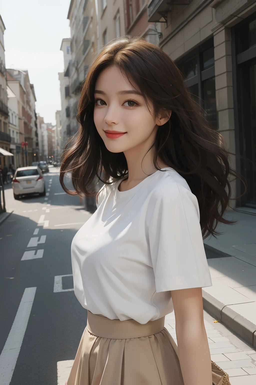 European and American high-end face,(Expose your ears),Look up slightly,Three-point profile,golden brown hair,Smile,light skin background,City,white shirt,Short beige skirt,Photoreality,Looking up:0.3,bust