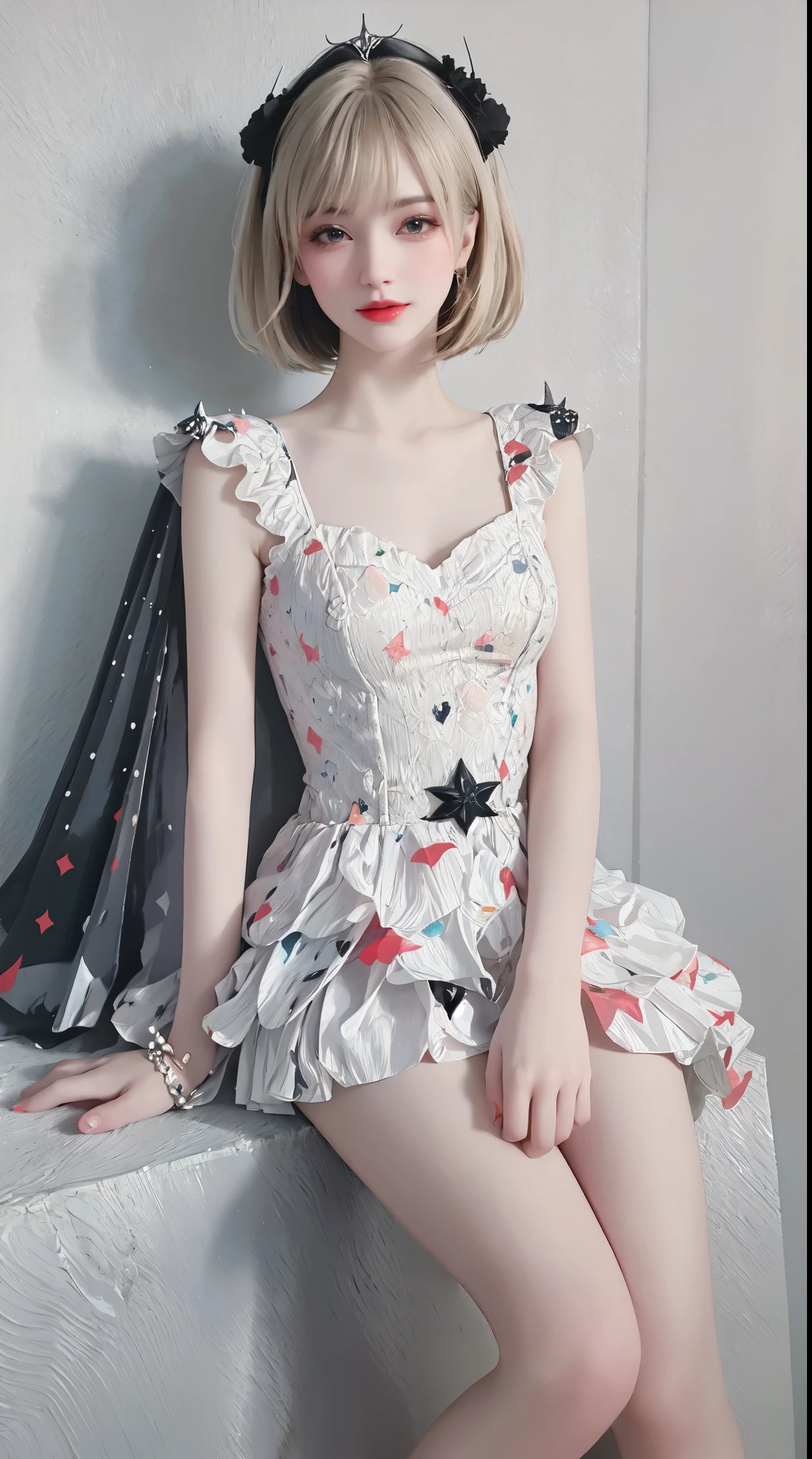 Sweet girl clothes6,print dress, ((yushuxin,1girl,solo)),(((Miss))), (((better quality))), (((masterpiece))), (((aldult))), (((1 girl))), ((( bob hairstyle ))), (( National Science Foundation )), Miss de 25 anos com um corpo musculoso;, (( bob hairstyle )), clear skin, Simon Beasley (Simon Bisley), Nude showing off wild urban style, blonde short hair, minimum attire, There is metal protection on the left arm,With complex graphics, deep red,With white stars and black and white splashes, armor, full of thorns, (((From the knee up))), 白色blonde short hair, Wall in background painted by Shepard Fairey,Complex design