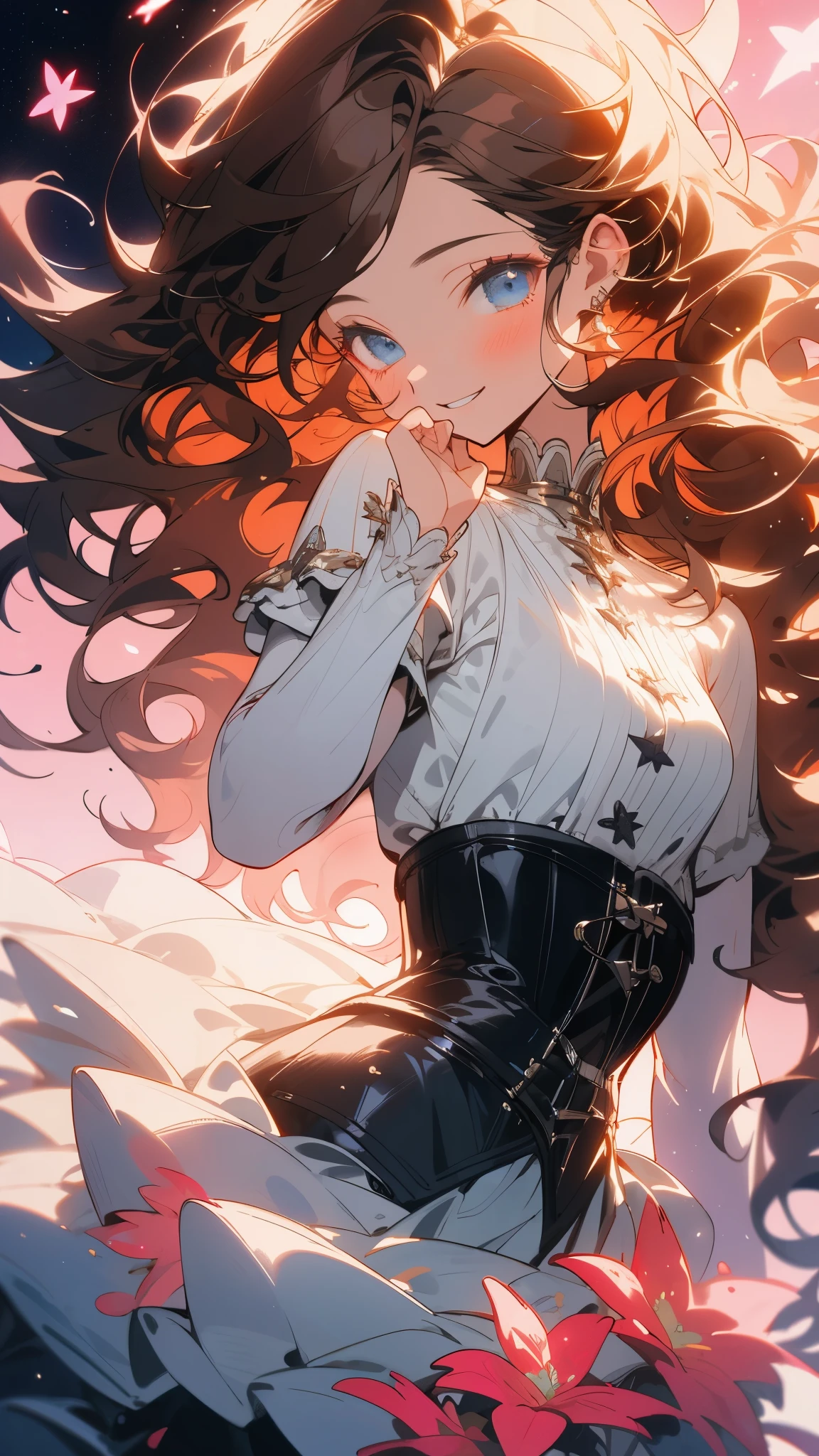 ((Masterpiece)),((Best quality)), Beautiful girl, Brown hair, Blue eyes, corset, Long wavy hair, Floral dress, Pink lighting, flowers, Leaning down, Gentle expression, Dynamic pose, smile, complex design, stars in eyes