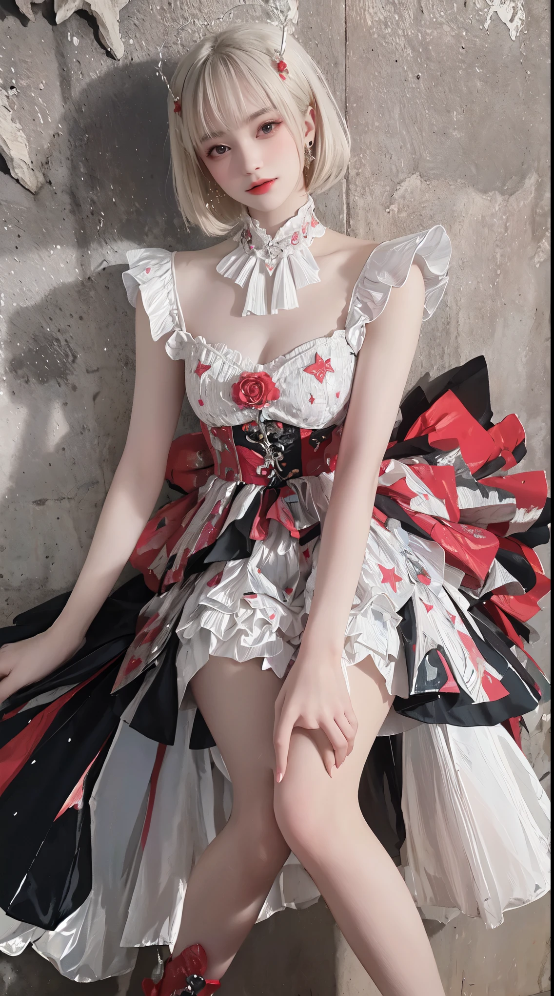 Sweet girl clothes6,print dress, ((yushuxin,1girl,solo)),(((Miss))), (((better quality))), (((masterpiece))), (((aldult))), (((1 girl))), ((( bob hairstyle ))), (( National Science Foundation )), Miss de 25 anos com um corpo musculoso;, (( bob hairstyle )), clear skin, Simon Beasley (Simon Bisley),  showing off wild urban style, blonde short hair, minimum attire, There is metal protection on the left arm，With complex graphics, deep red，With white stars and black and white splashes, armor, full of thorns, (((From the knee up))), 白色blonde short hair, Wall in background painted by Shepard Fairey，Complex design