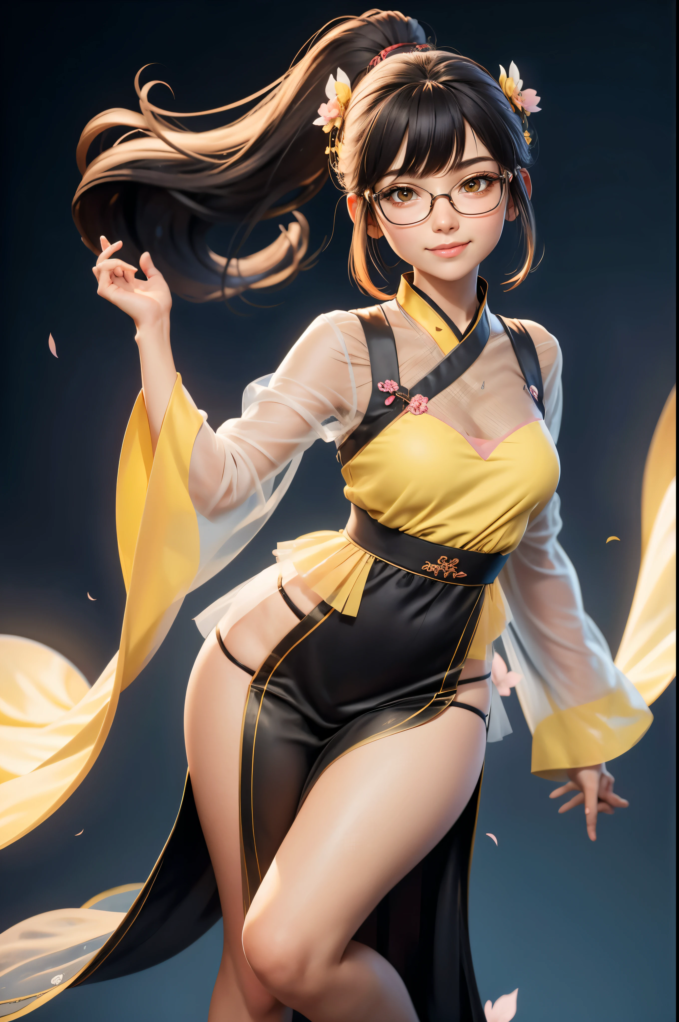 ((from the front)), lovely woman, black hair in a ponytail, smooth, hair accessories, wear glasses, smile brightly, small breasts, Thin waist, ((Wear a see-through Hanfu outfit.) The details are complex and multi-layered. (pastel yellow))), Clothes flutter in the wind., seductive dance, The background is an island with only peach trees in bloom., Many peach blossom petals flutter., morning light, anime , High quality