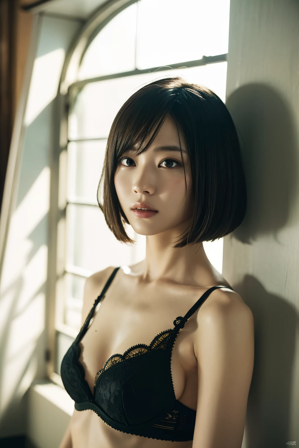 highest quality, masterpiece, High resolution, 1 girl, beautiful and perfect face, bob cut, intricate details, movie-like atmosphere, 8K, very detailed, black underwear