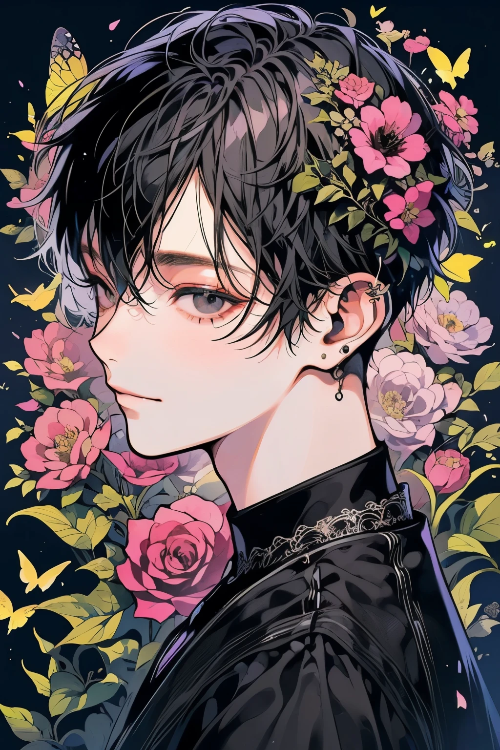 (muste piece), (best quality), very detailed, 1 boy, solo focus,perfect face, beautiful face, very detailed顔,(black short hair:1.3),(Jet black eyes:1.3),flower,butterfly々,flowerびら,Light,smile,long eyelashes