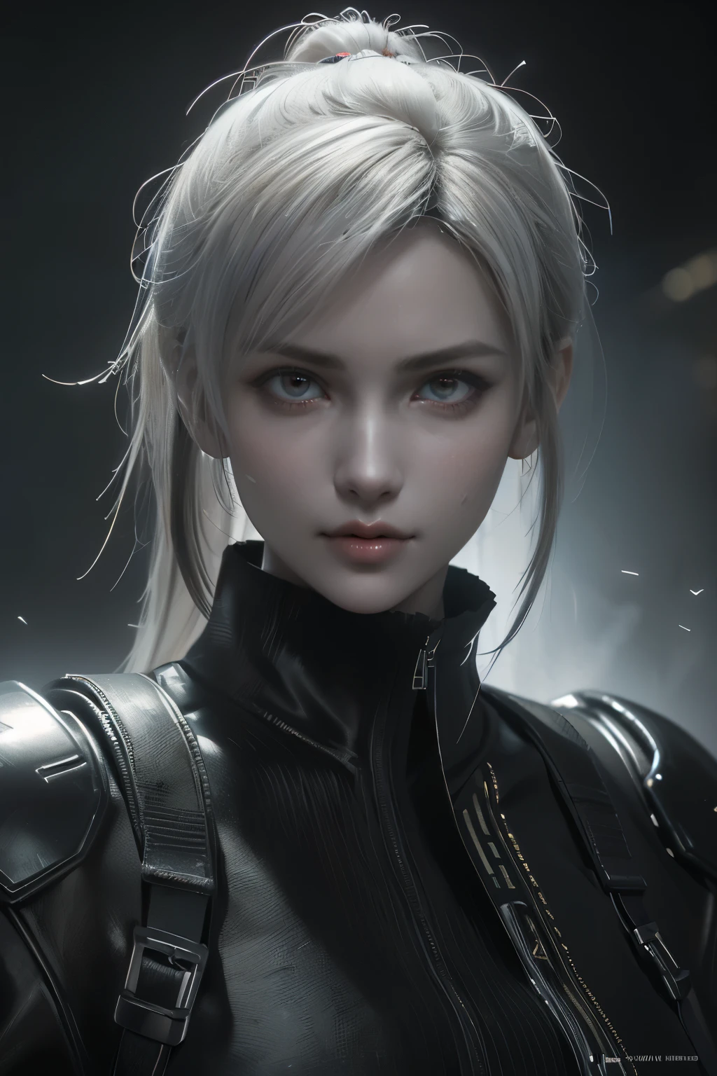 Game art，The best picture quality，Highest resolution，8K，(A bust photograph)，(Portrait)，(Head close-up:1.5)，(Rule of thirds)，Unreal Engine 5 rendering works， (The Girl of the Future)，(Female Warrior)， 22岁少女，(Female hackers)，(White，Ancient Oriental hairstyle)，((The pupils of the red eyes:1.3))，(A beautiful eye full of detail)，(Big breasts)，(Eye shadow)，优雅迷人，冷漠，((Anger))，(Cyberpunk jacket full of futuristic look，Joint Armor，There are exquisite Chinese patterns on the clothes，A flash of jewellery)，赛博朋克人物，未来风格， 拍照姿势，城市背景，Movie lights，Ray tracing，Game CG，((3D Unreal Engine))，oc渲染反射纹