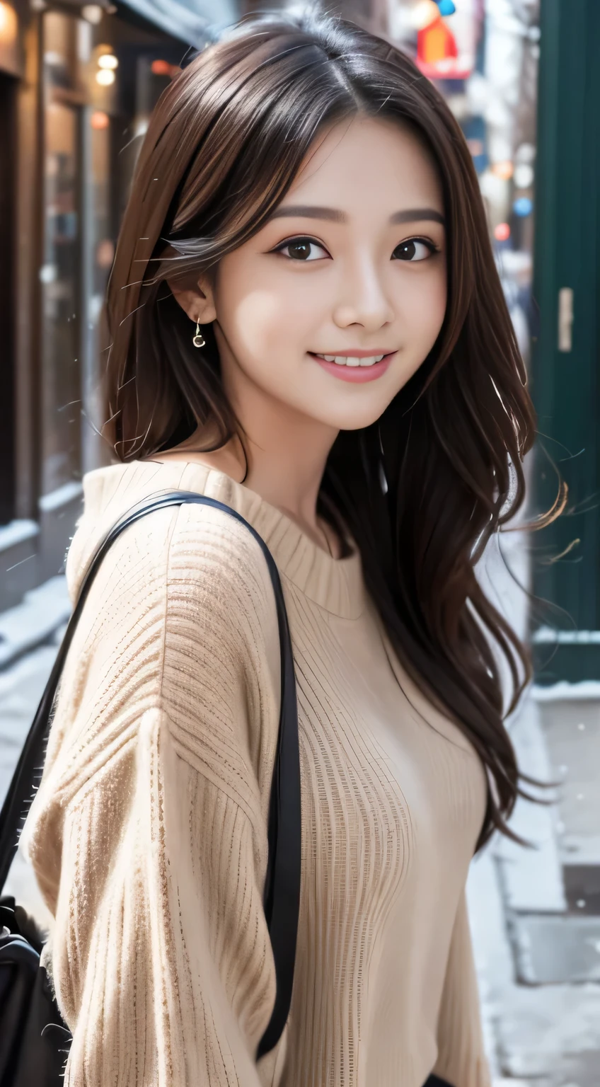 muste piece、best quality、illustration、 Super detailed、fine details、 High resolution、8K Dende Wallpaper、perfect dynamic composition、27 year old cute girl、sweet girl、detailed beautiful face、detailed cute eyes、textured skin、modest smile、Wavy short hair、small breasts、winter casual wear、bold sexy pose、