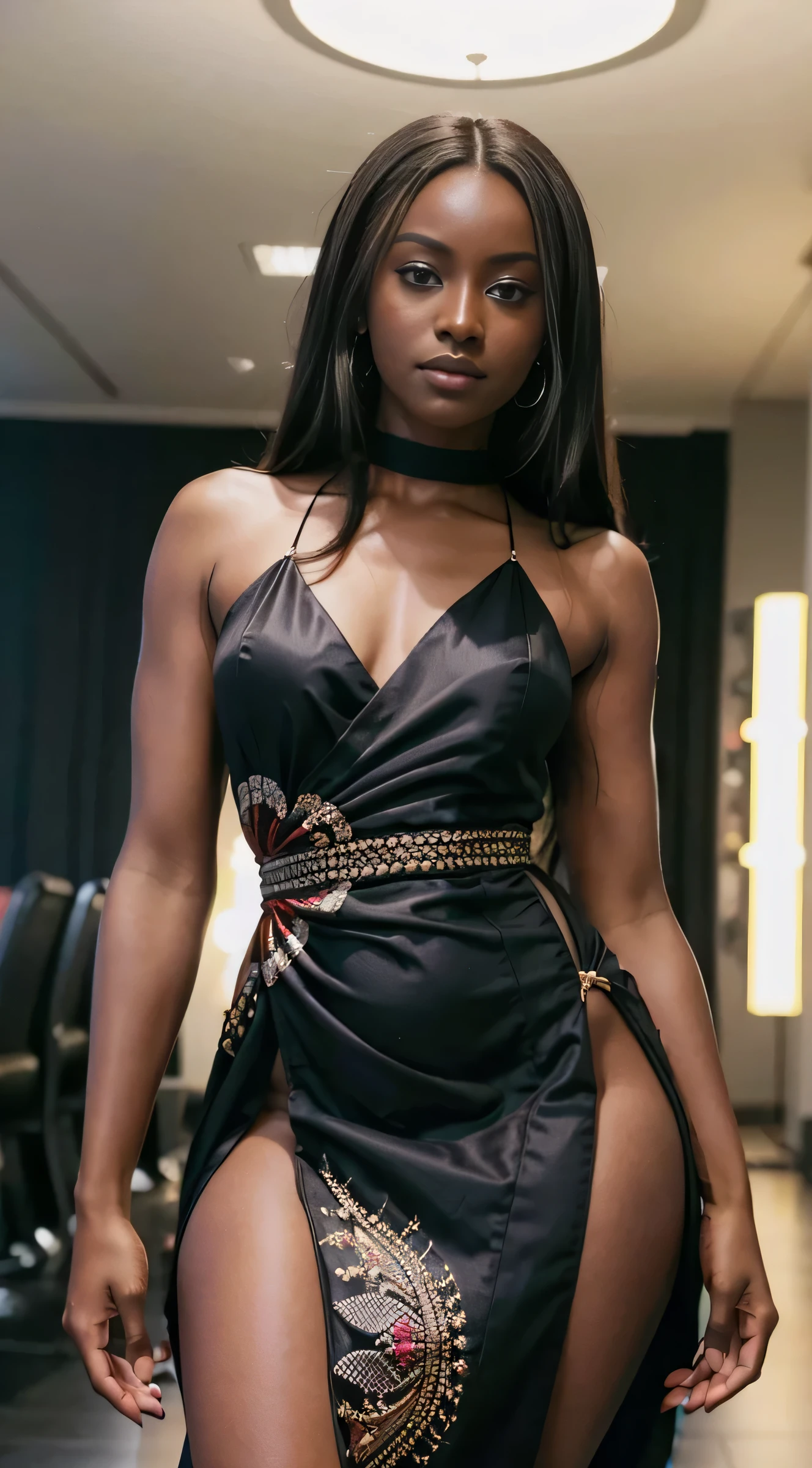 A girl in an ankara gown,beautiful detailed eyes,beautiful detailed lips,extremely detailed eyes and face,longeyelashes,ankaradesigns,traditional Nigerian fabric dress,vibrant colors,highres,portrait,studio lighting,sharp focus,ethnic fashion,rich patterns,delicate embroidery,classic,African fashion,runway-ready,long flowing gown,feminine silhouette,bold and elegant,sparkling accessories,confident and poised,photorealistic:1.37.