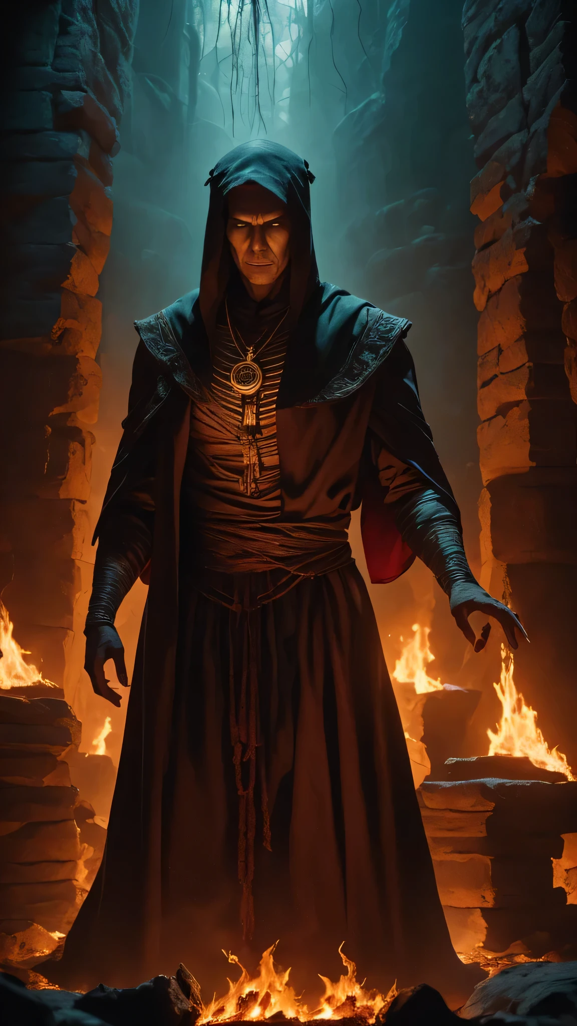 Aidan Gillen as Shinnok from Mortal Kombat, 1man, solo, ((mummy)), (((maroon hennin))), (((pale white skin))), (dark turquoise robe with intricate golden patterns), (amulet), a river of burning lava, burned bones lying everywhere, intricate, high detail, sharp focus, dramatic, photorealistic painting art by greg rutkowski